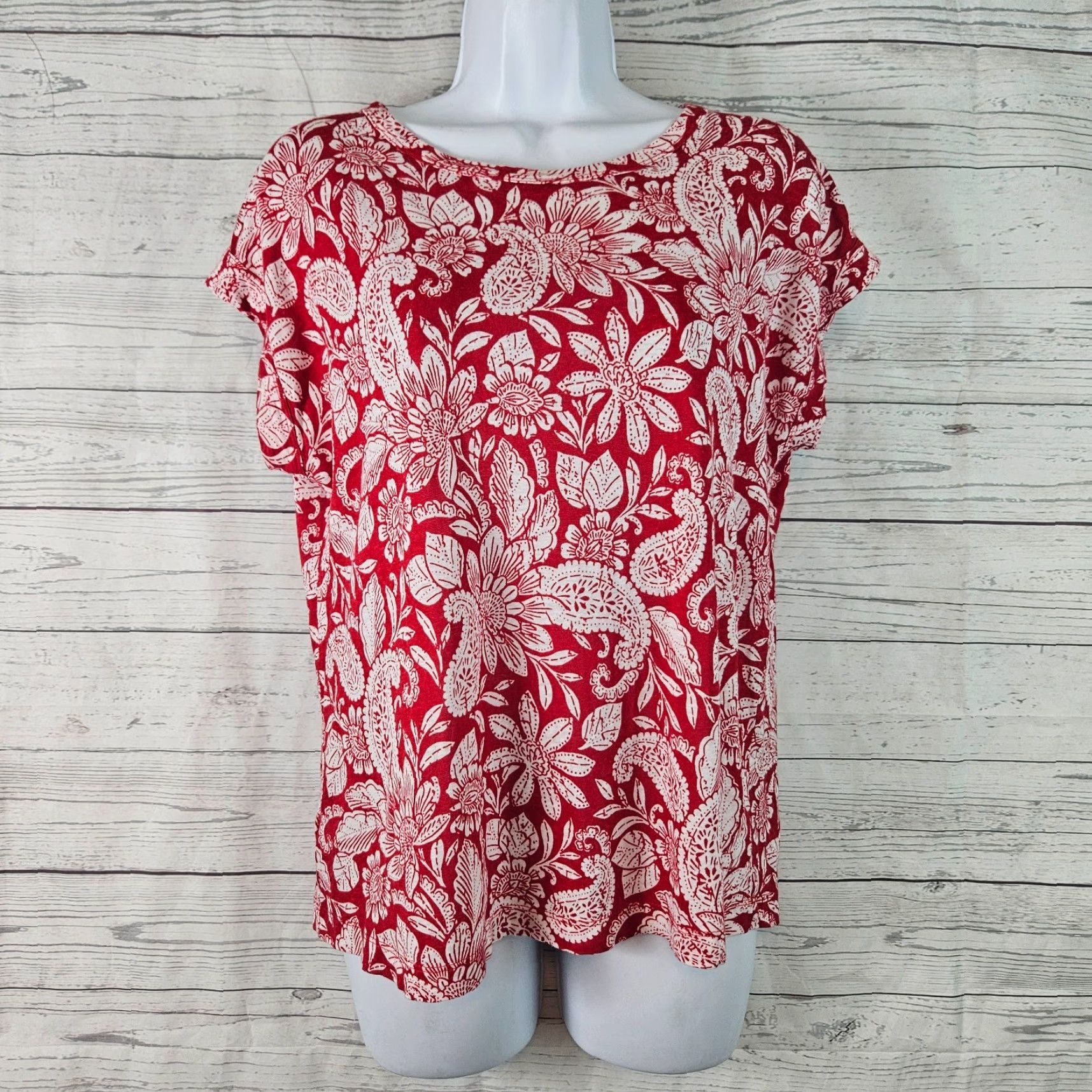 Loft Ann Taylor LOFT Womens Top XS Red White Floral Linen Blend Shirt Size XS / US 0-2 / IT 36-38 - 2 Thumbnail