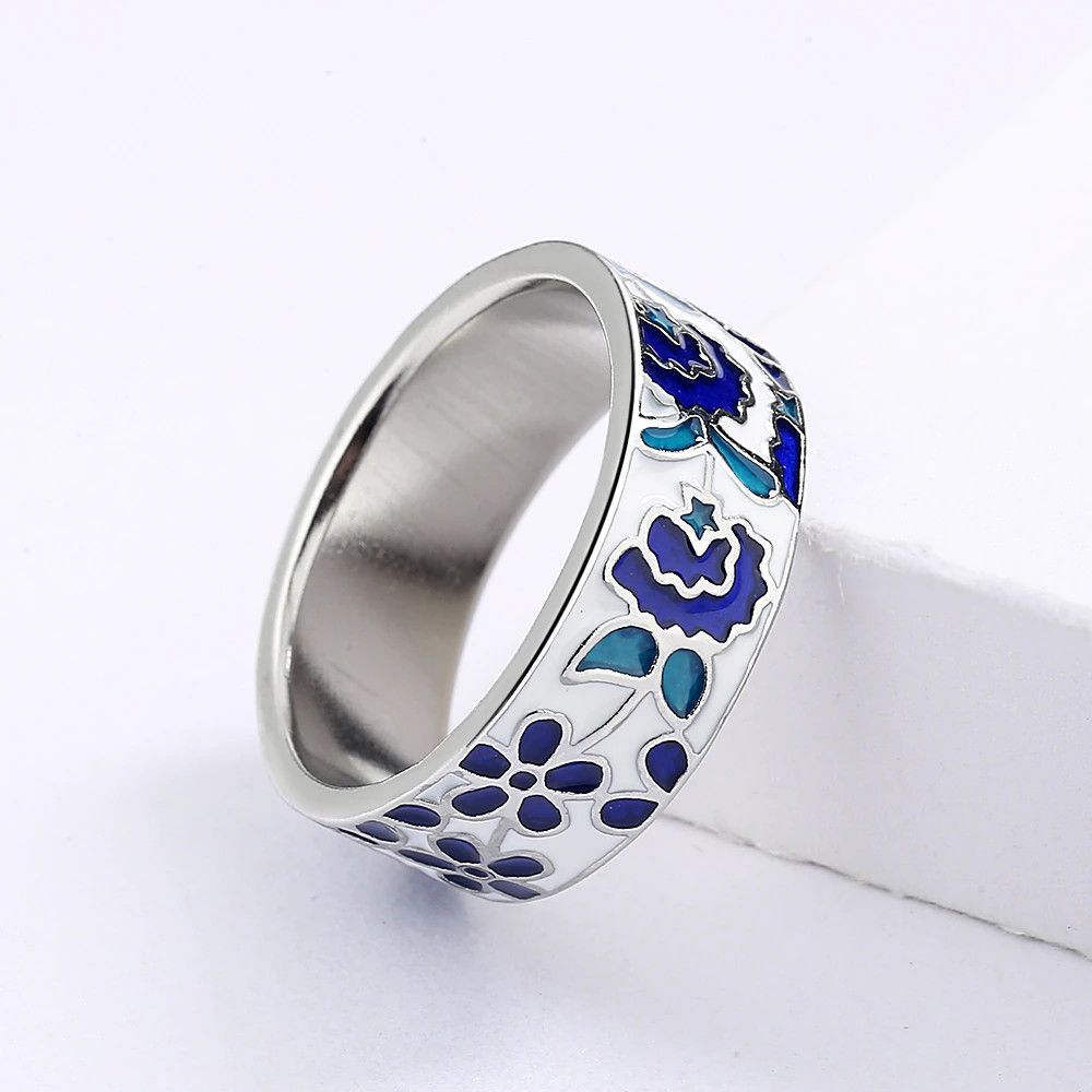Jewelry Blue Enamel Flower Ring Size ONE SIZE - 2 Thumbnail