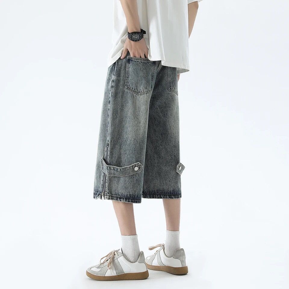Korean Style Zipper Men's Jeans Short Pants Summer Wide Leg
