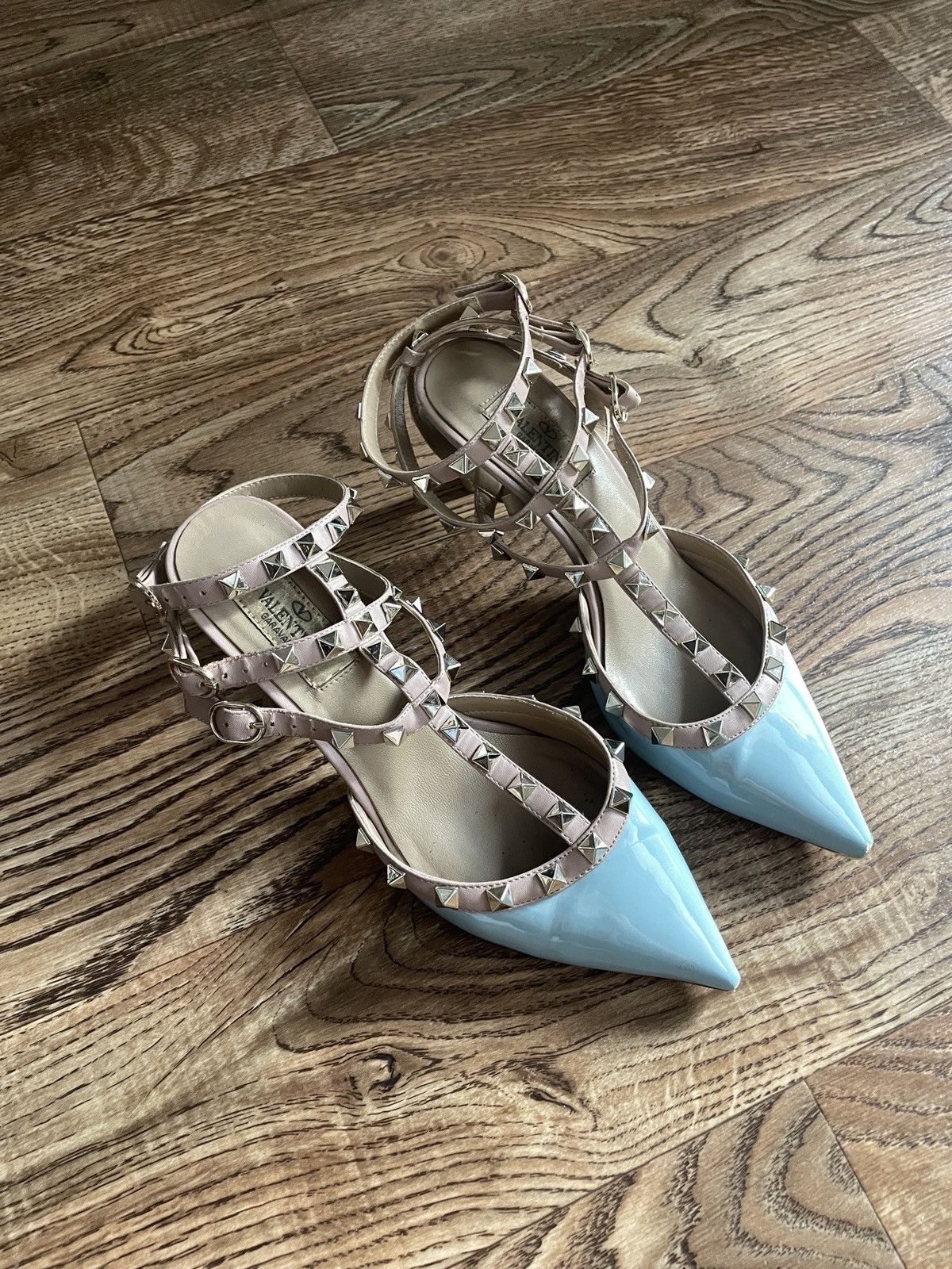 Valentino Garavani Rockstud Slingback Stiletto Leather Heel Shoes in Blue, Women's (Size 8)