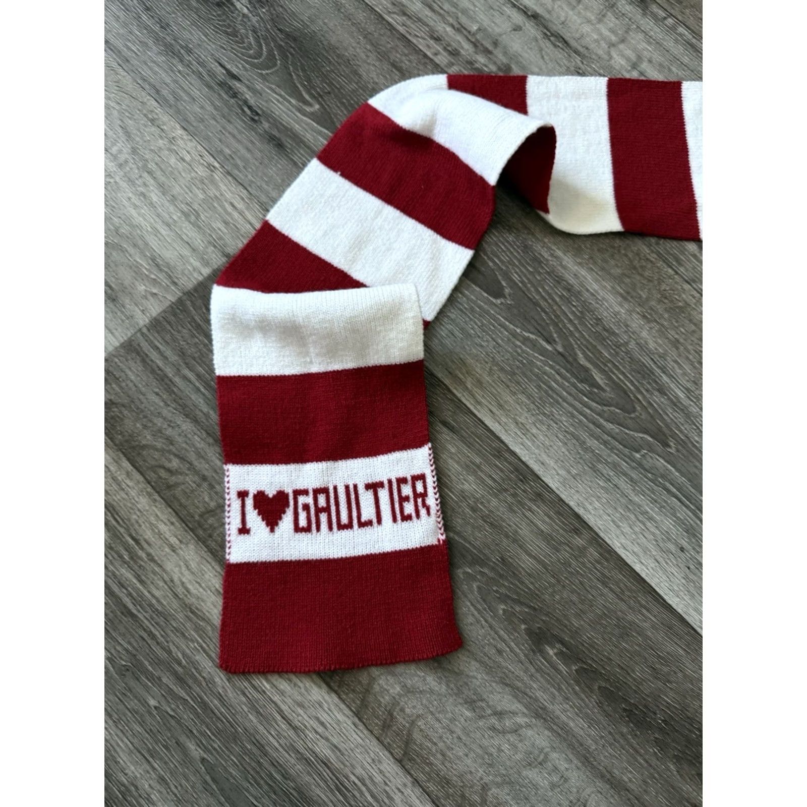 Jean Paul Gaultier VINTAGE Jean Paul Gaultier Scarf I LOVE GAULTIER Red White Striped Knit Square Unisex Neck Warmer Logo 90s Love Gaultier Scarf Mens Womens Size ONE SIZE - 3 Thumbnail