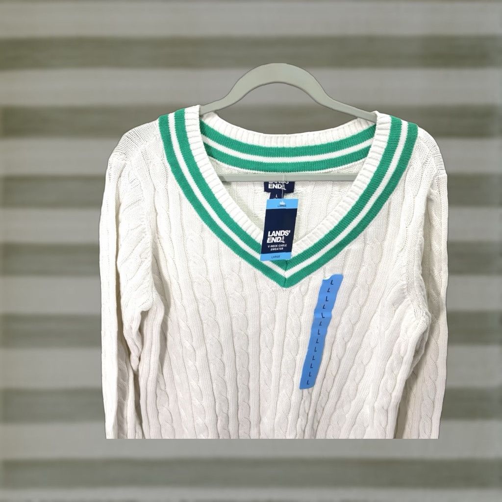 Lands' End Lands' End V Neck Cable Sweater Women Large White Long Sleeve Pullover Cotton NWT Size L / US 10 / IT 46 - 1 Thumbnail