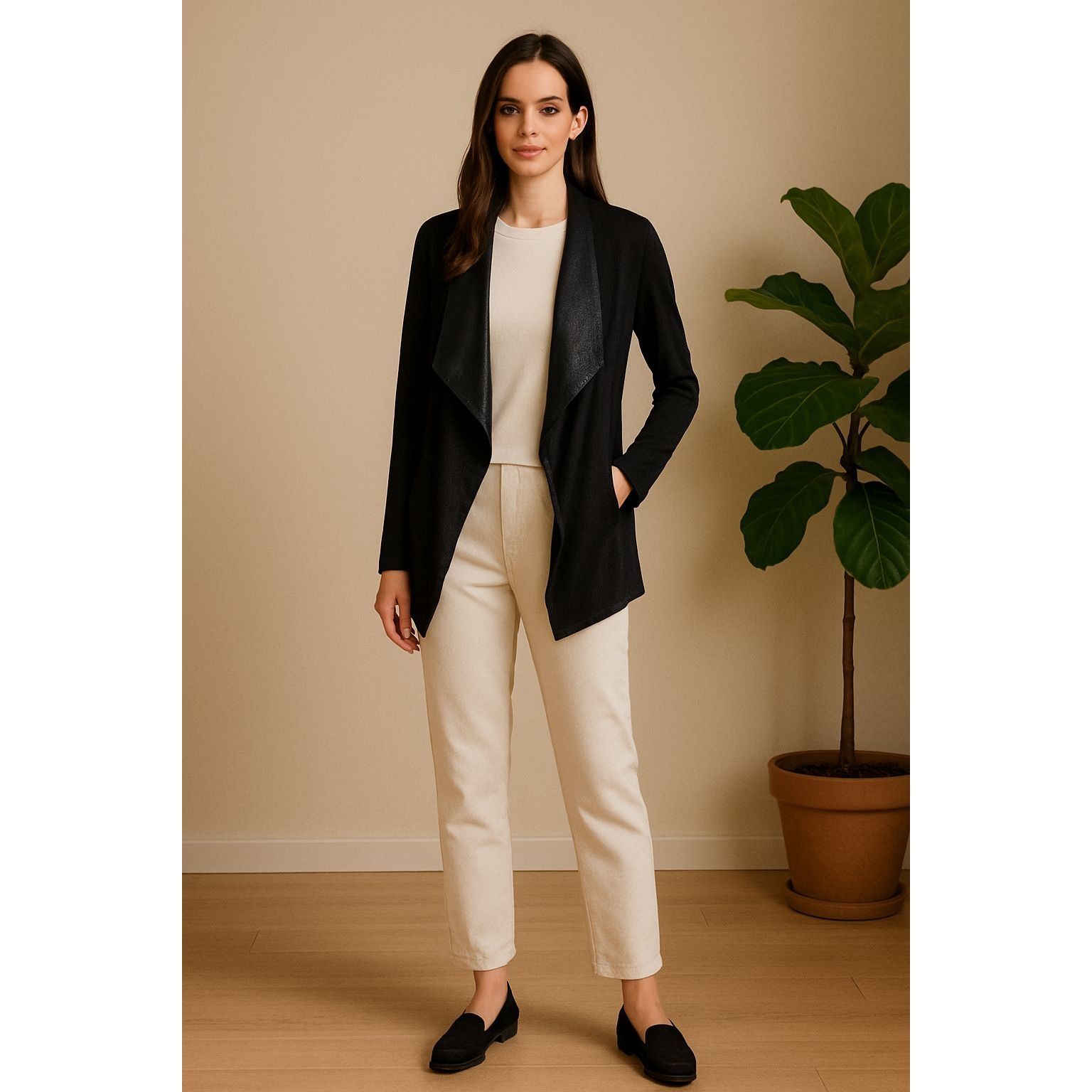 Other CAbi Women Black Faux Leather-Trim Waterfall Jacket M Whimsy Size L / US 10 / IT 46 - 2 Thumbnail