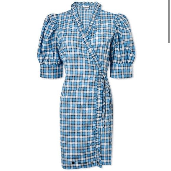 Ganni Ganni Seersucker Check Wrap Mini Dress in Azure Blue Size XS / US 0-2 / IT 36-38 - 1 Thumbnail