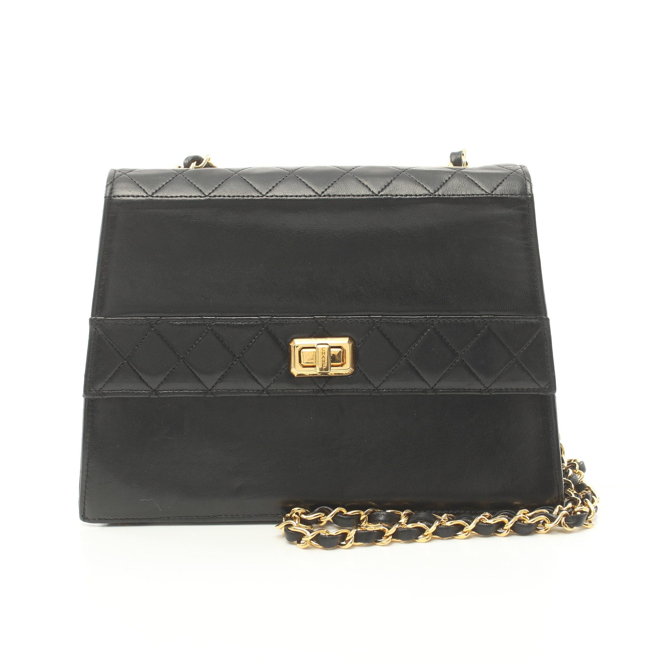 image of Chanel Matelasse Chain Shoulder Bag Lambskin Black Gold Hardware Turn Lock Vintage, Women's