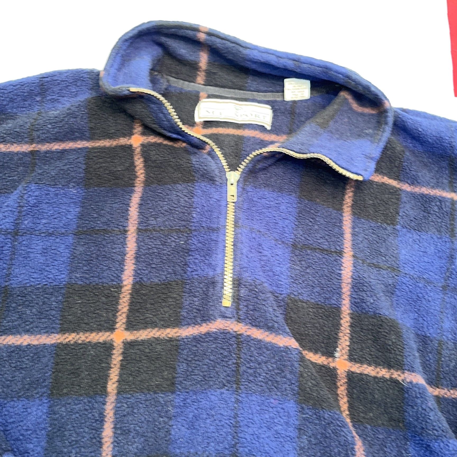 Vintage VINTAGE Blue Tan Plaid FLEECE Sweater Window Pane Mens L 1/4 Zip Pockets M.E. Sport Size US L / EU 52-54 / 3 - 6 Thumbnail