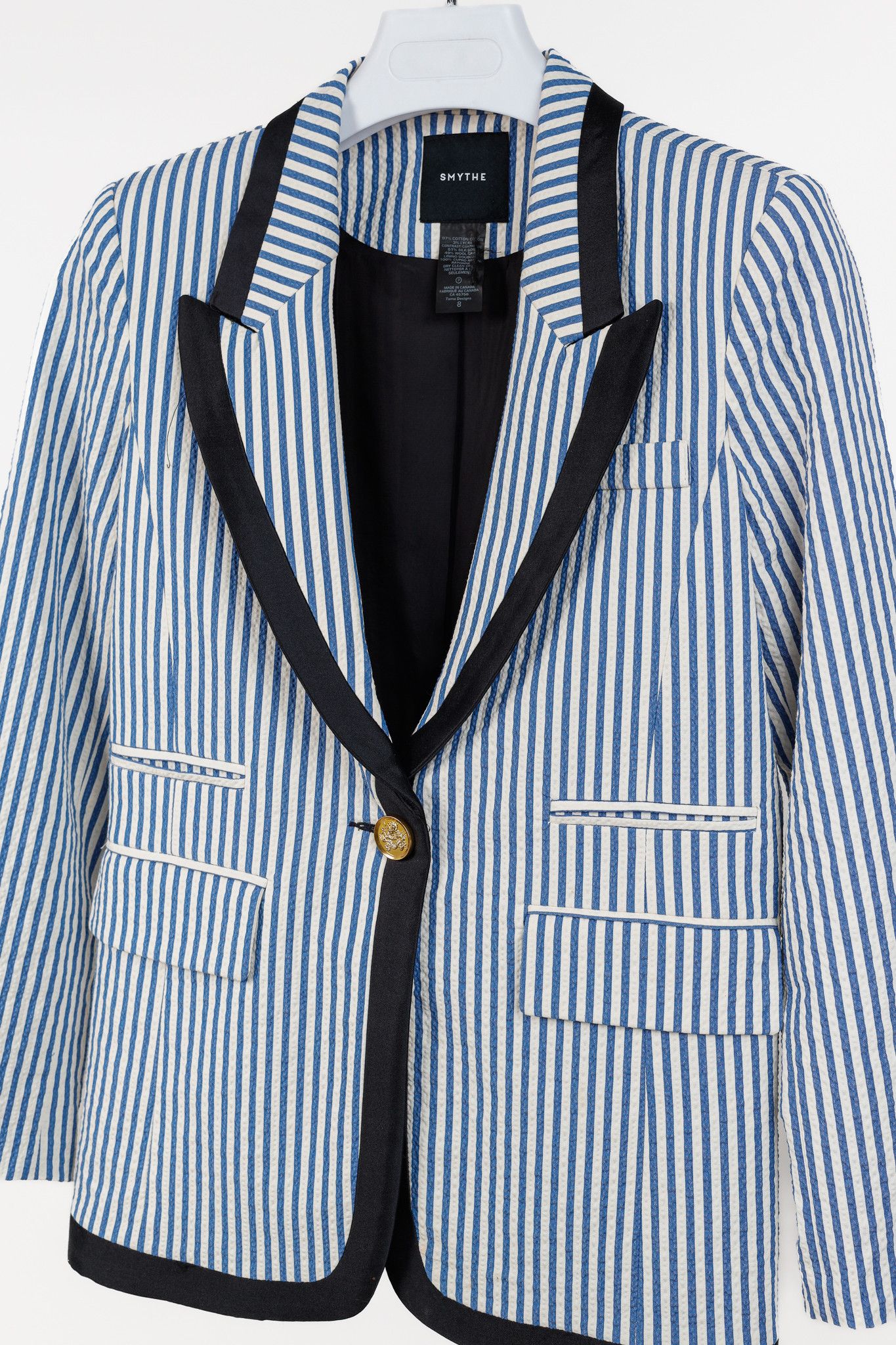 SMYTHE Smythe Blue Seersucker Striped Taped Peak Lapel Blazer Size M / US 6-8 / IT 42-44 - 3 Thumbnail