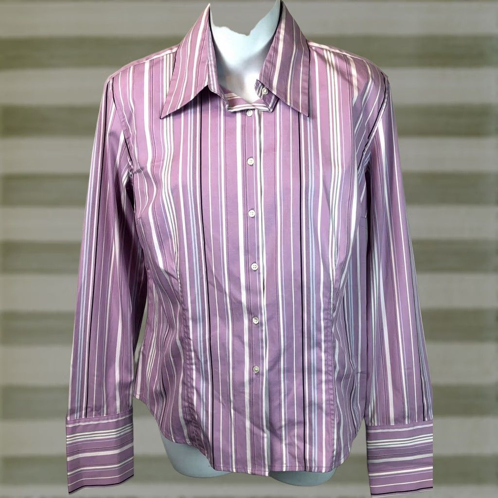 Express VINTAGE Express Button-Up Blouse 12 Purple Stripe Long Sleeve Shirt Womens 12 Purple Stripe y2k career workwear Size XL / US 12-14 / IT 48-50 - 1 Thumbnail