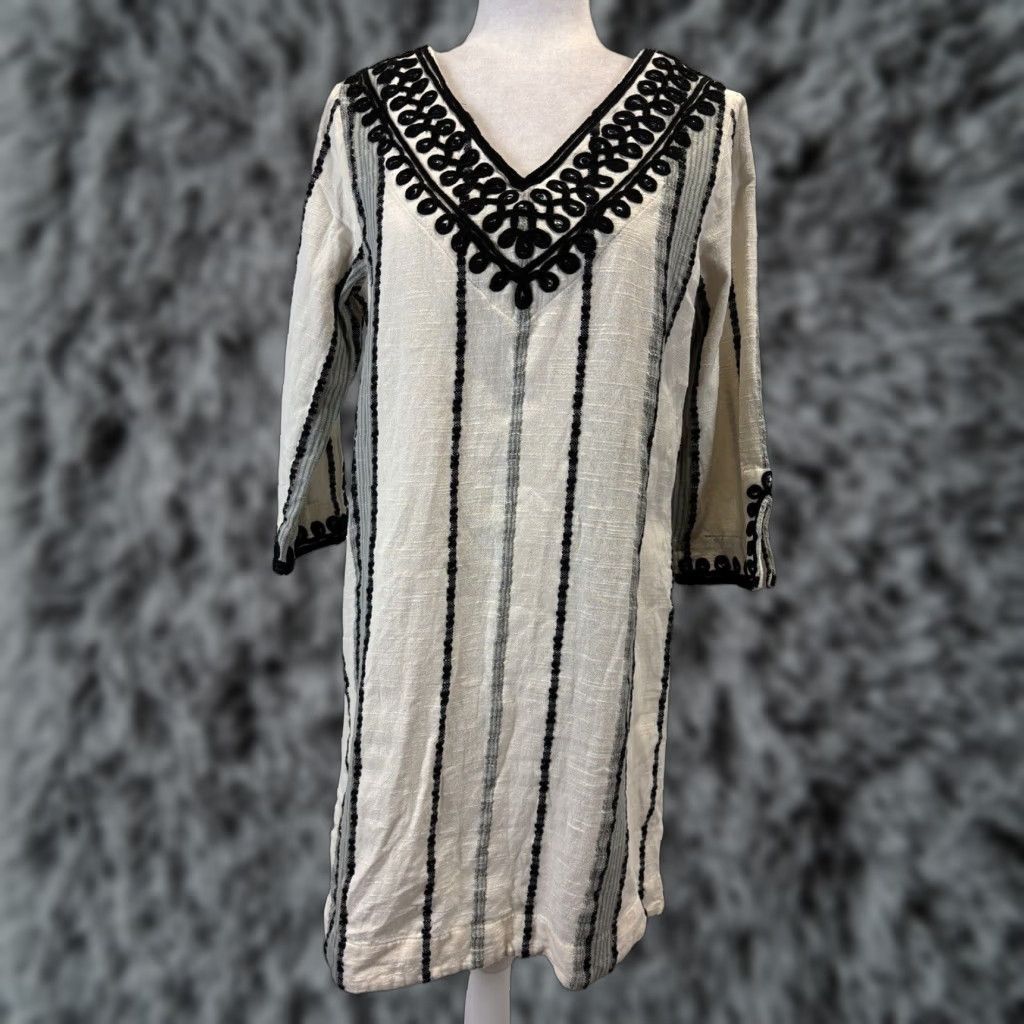 Soft Surroundings VINTAGE Soft Surroundings 2 Pc Tunic Dress Petite Medium Ivory Striped Embroidered Bohemian Womens Size M / US 6-8 / IT 42-44 - 1 Thumbnail