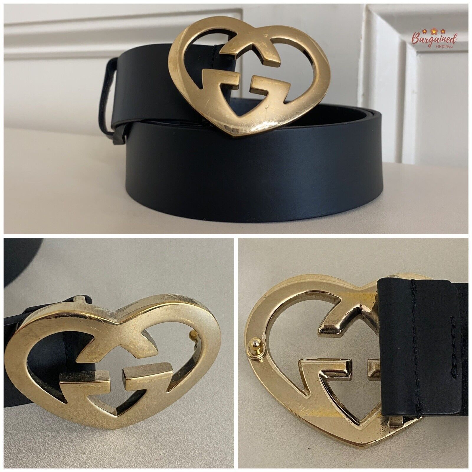 Gucci Gucci Black Leather Interlocking G Heart Gold Buckle Belt Size 34 - 10 Thumbnail