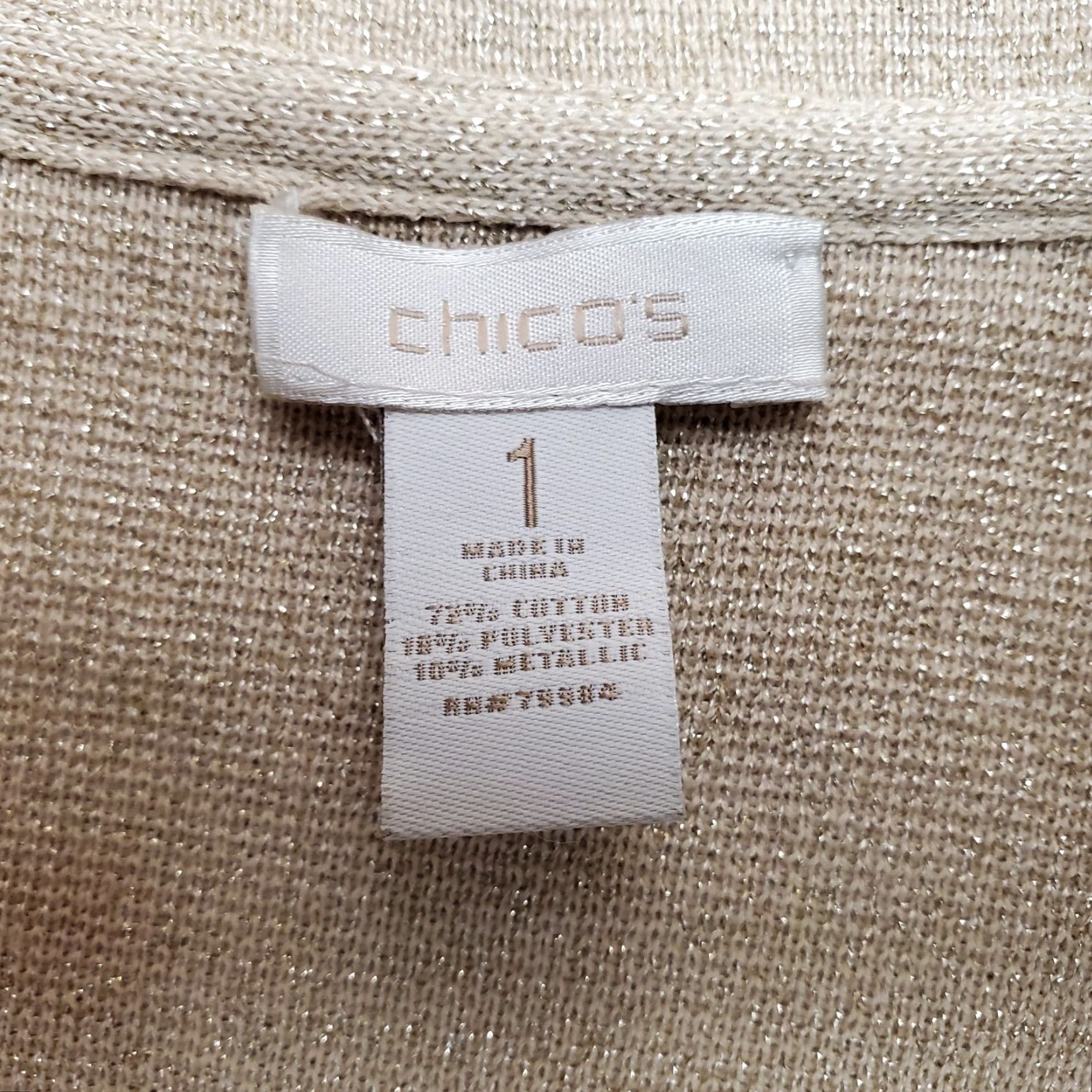 Vintage Chicos Cardigan Womens Size 1 US 8 Beige Metalic Gold Open Front Knit Casual Shirt Size XS / US 0-2 / IT 36-38 - 3 Thumbnail