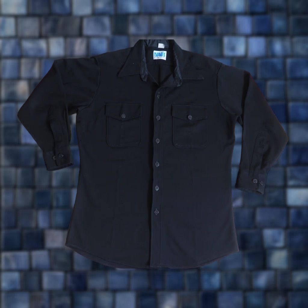 Vintage VTG 70s Davis USN Black Poly Sailor Hippy Military Button Shirt Mens L Size US L / EU 52-54 / 3 - 1 Thumbnail