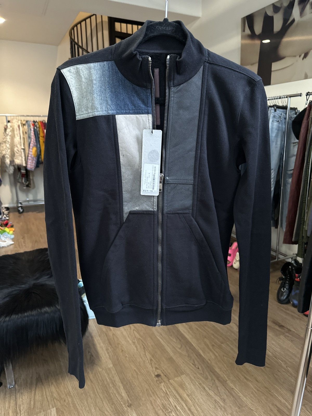 image of Rick Owens x Rick Owens Drkshdw $1,352 Sample Patchwork Leather Denim Zip Up in Black (Size Medium)