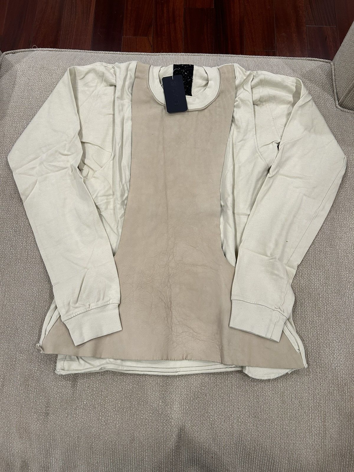 image of Rick Owens Slab Leather Layered Crewneck Sweater in Bone, Men's (Size Small)