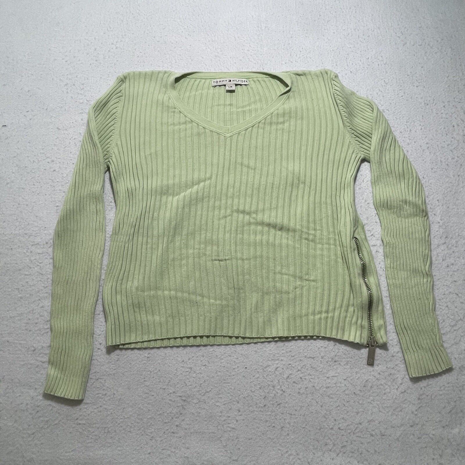 Tommy Hilfiger Tommy Hilfiger V-Neck Pullover Green Sweater Zipper Side Size L / US 10 / IT 46 - 1 Thumbnail