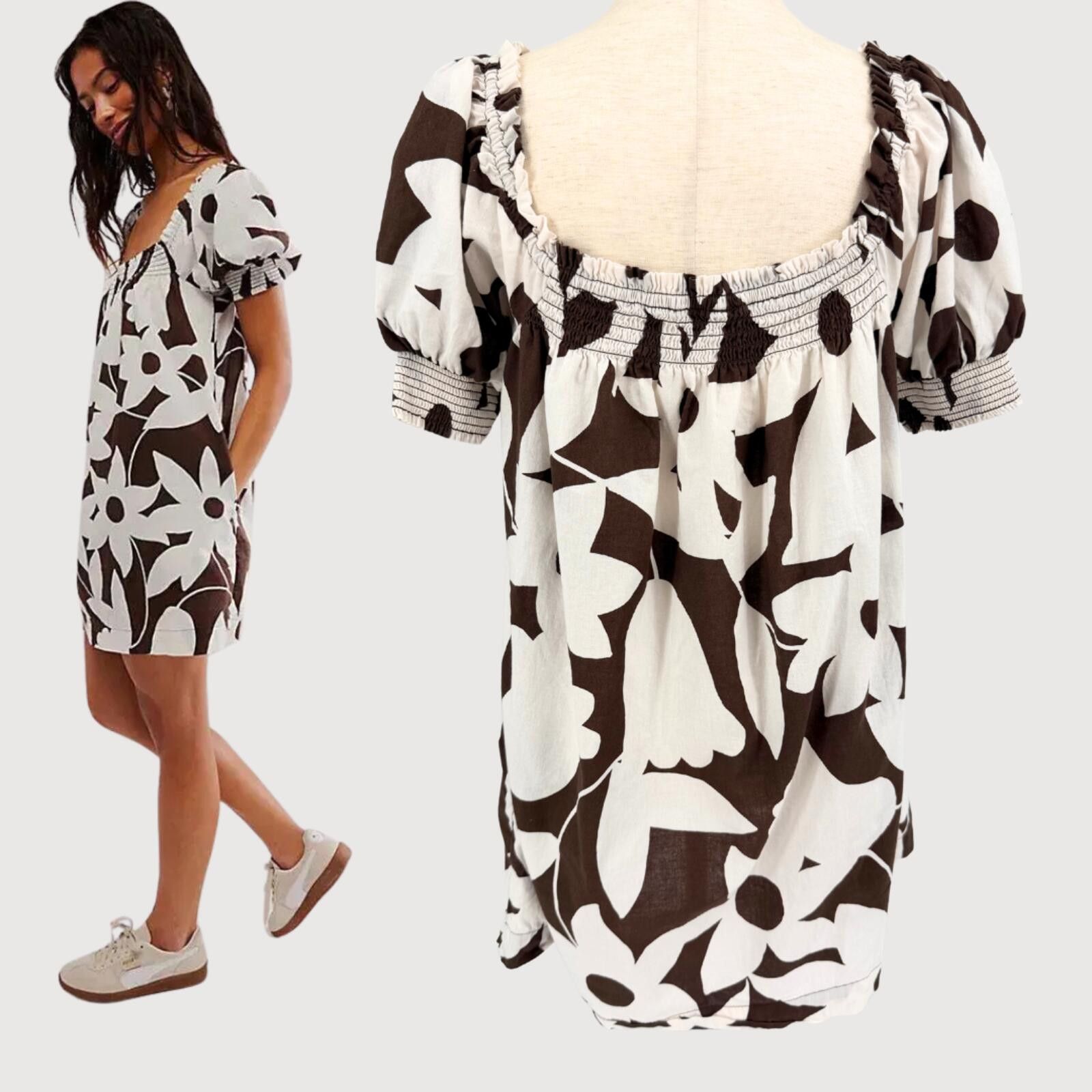 Free People Free People Floral Babydoll Mini Dress Brown Cream S Size S / US 4 / IT 40 - 3 Thumbnail