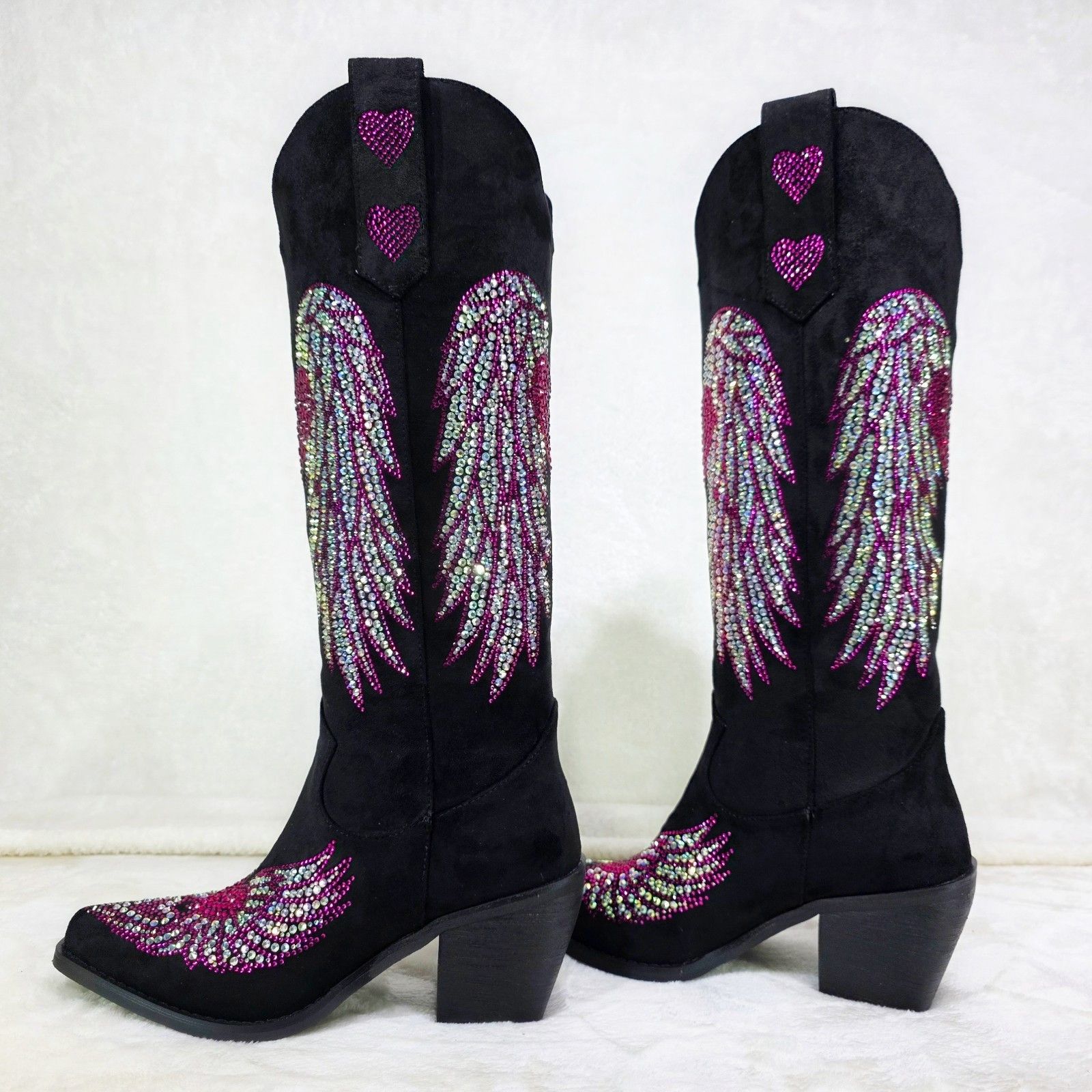 Other Angel Wings Black Hot Pink Rhinestone Country Western Cowgi Size US 10 / IT 40 - 2 Thumbnail