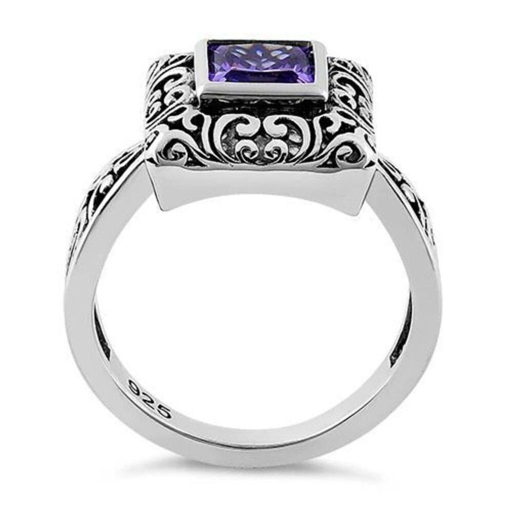 Other Sterling Silver Ornate Square Cut Amethyst CZ Ring Size 6 Size ONE SIZE - 3 Thumbnail