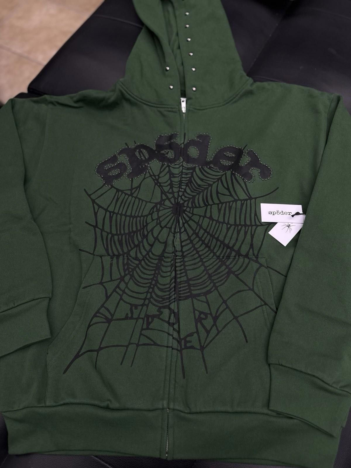 Sp5der Sp5der Worldwide Green Zip Up Studded Hoodie Size XL Size US XL / EU 56 / 4 - 1 Thumbnail