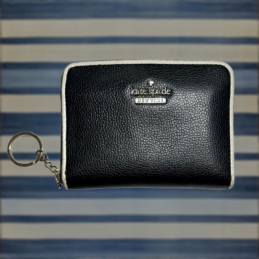 Vintage Kate Spade New York Black Pebbled Leather Zip Around Wallet Key Ring White Trim Woman Small Black Zip-Around Credit Card City Preppy Men/Women Size ONE SIZE - 1 Thumbnail