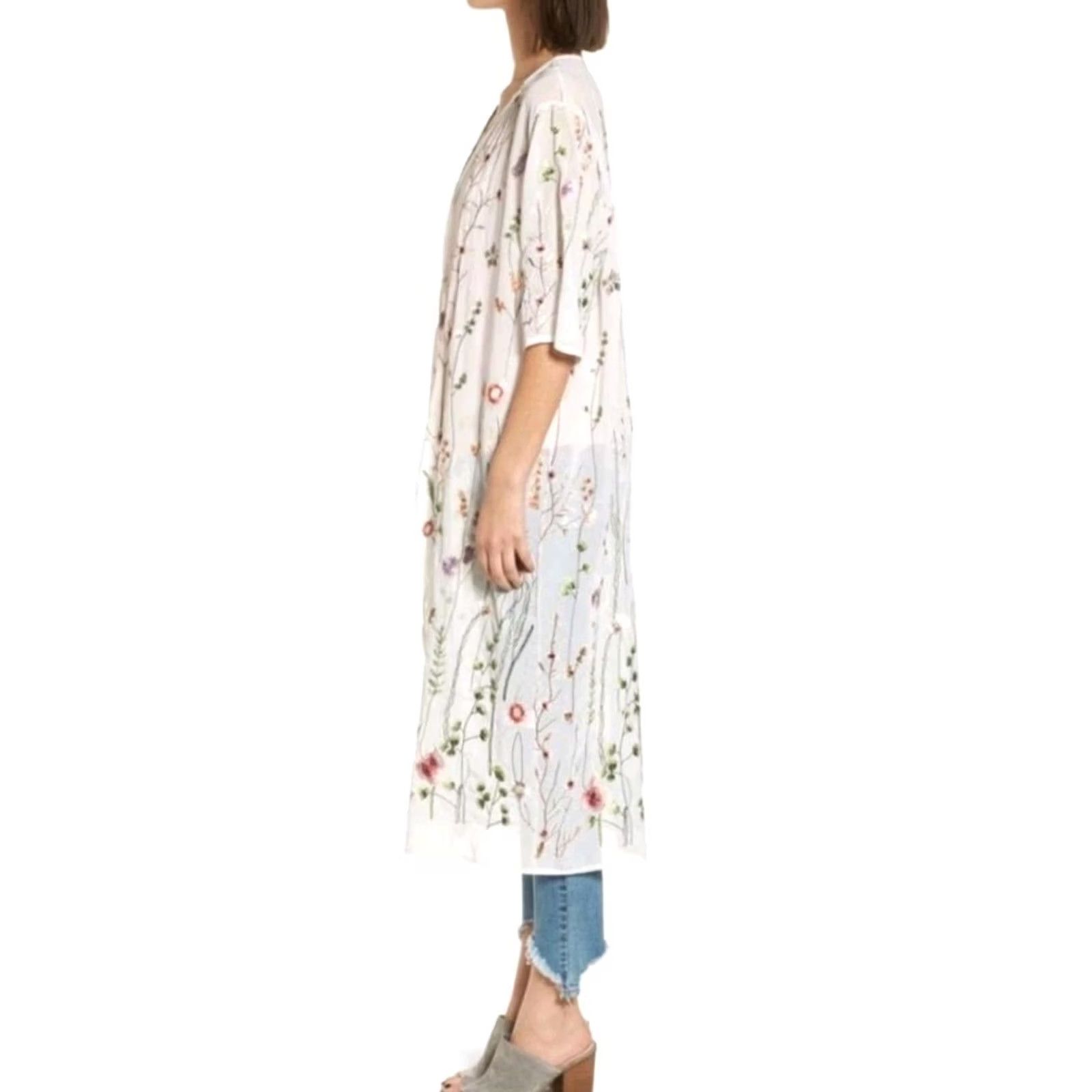 Vintage Woven Heart Kimono S/M Sheer Embroidered Wildflower Longline Hippie Bohemian Size S / US 4 / IT 40 - 2 Thumbnail