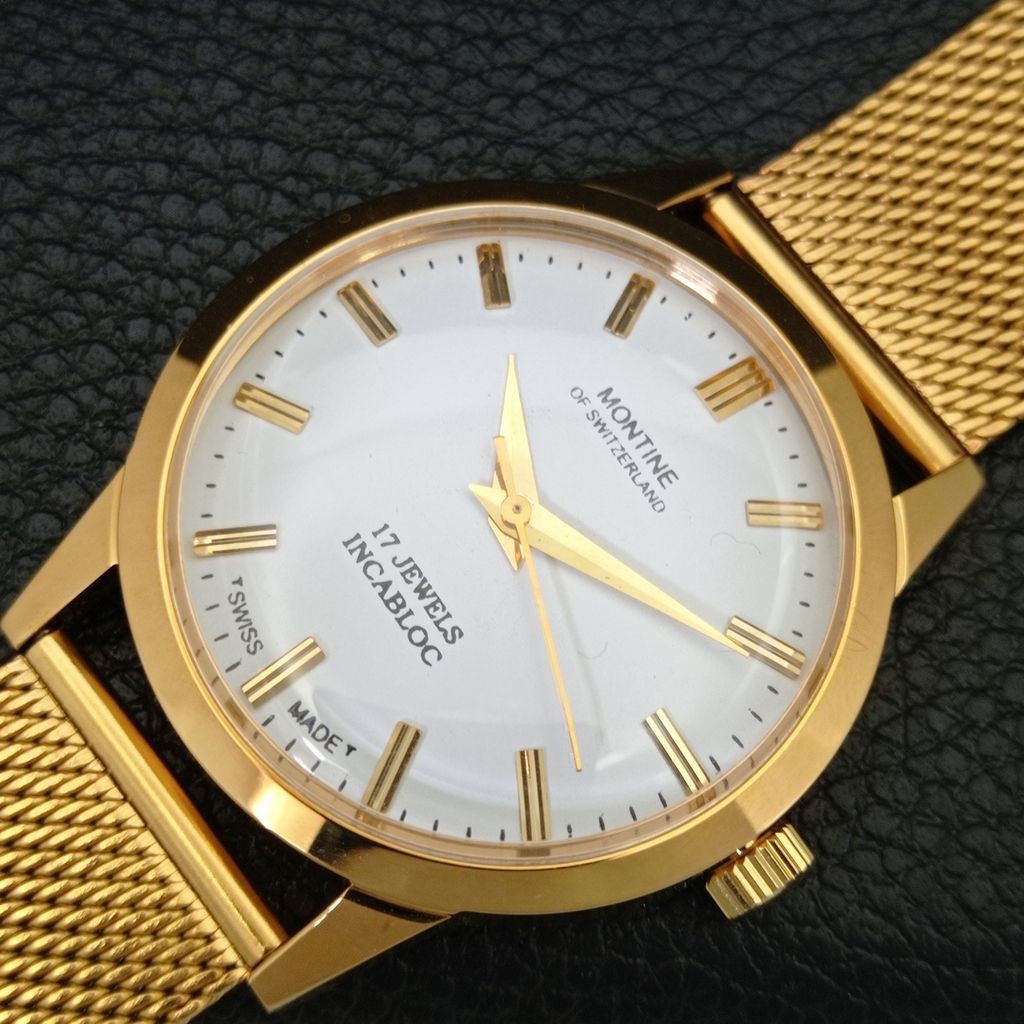 Other VINTAGE MONTINE HAND-WINDING SWISS MENS WHITE WATCH a444161 Size 38 - 6 Thumbnail