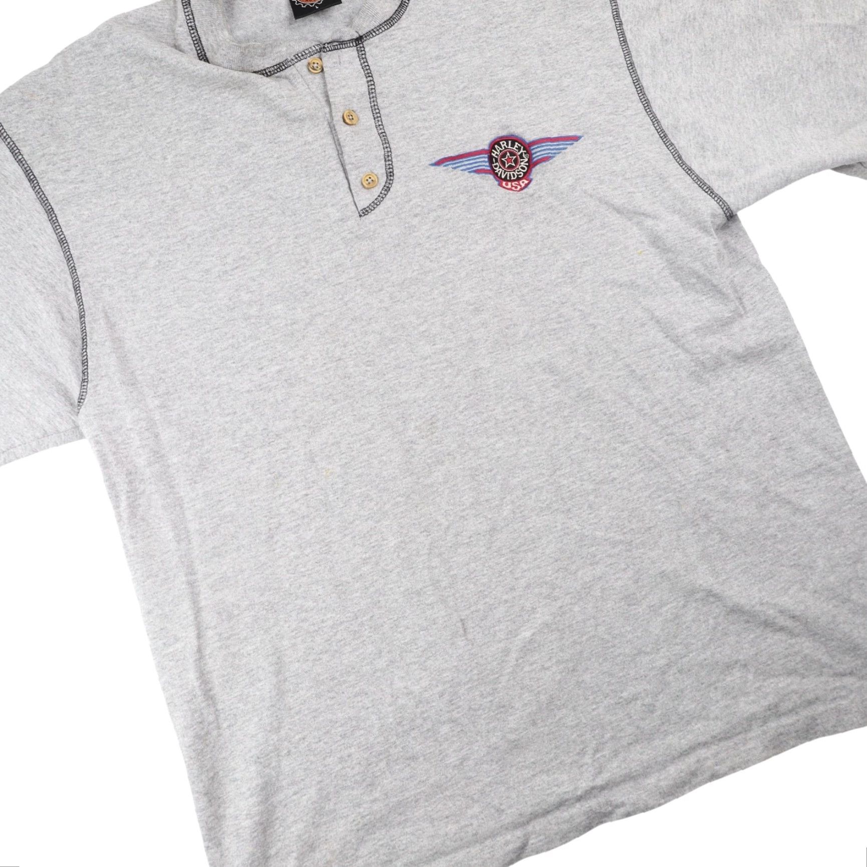 Harley Davidson VINTAGE Harley Davidson Mens Shirt USA Henley T Shirt Gray L Regular Large Mens Size US L / EU 52-54 / 3 - 3 Thumbnail