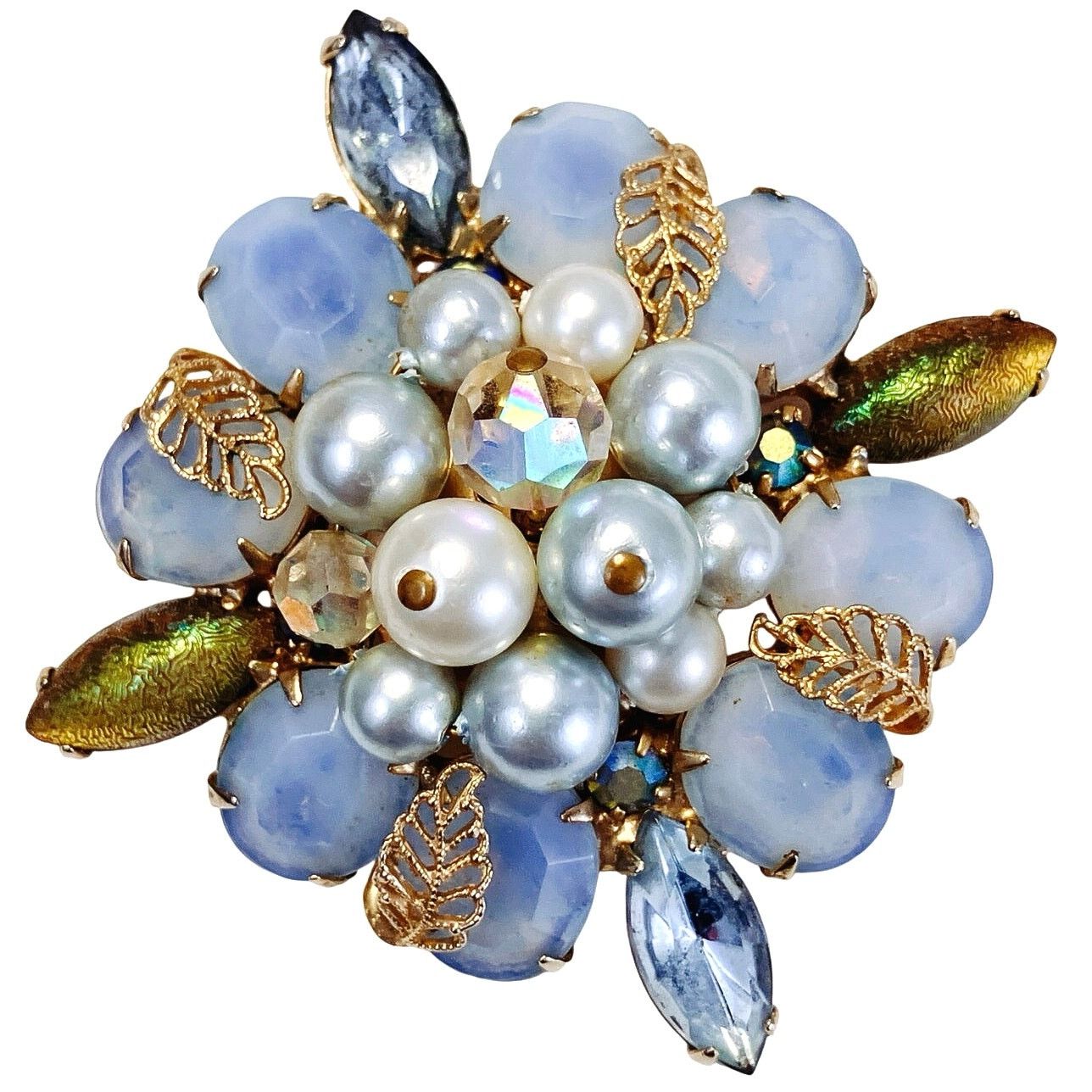 Vintage Mid Century Brooch Blue Glass Faux Pearl Rhinestone Cluster Size ONE SIZE - 1 Thumbnail