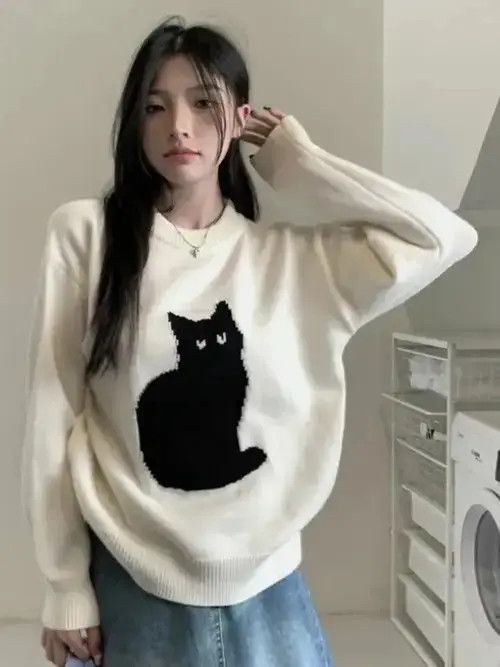 Japanese Brand Ezgaga Sweet Sweater Pullover Women Cartoon Cat Size ONE SIZE - 2 Thumbnail