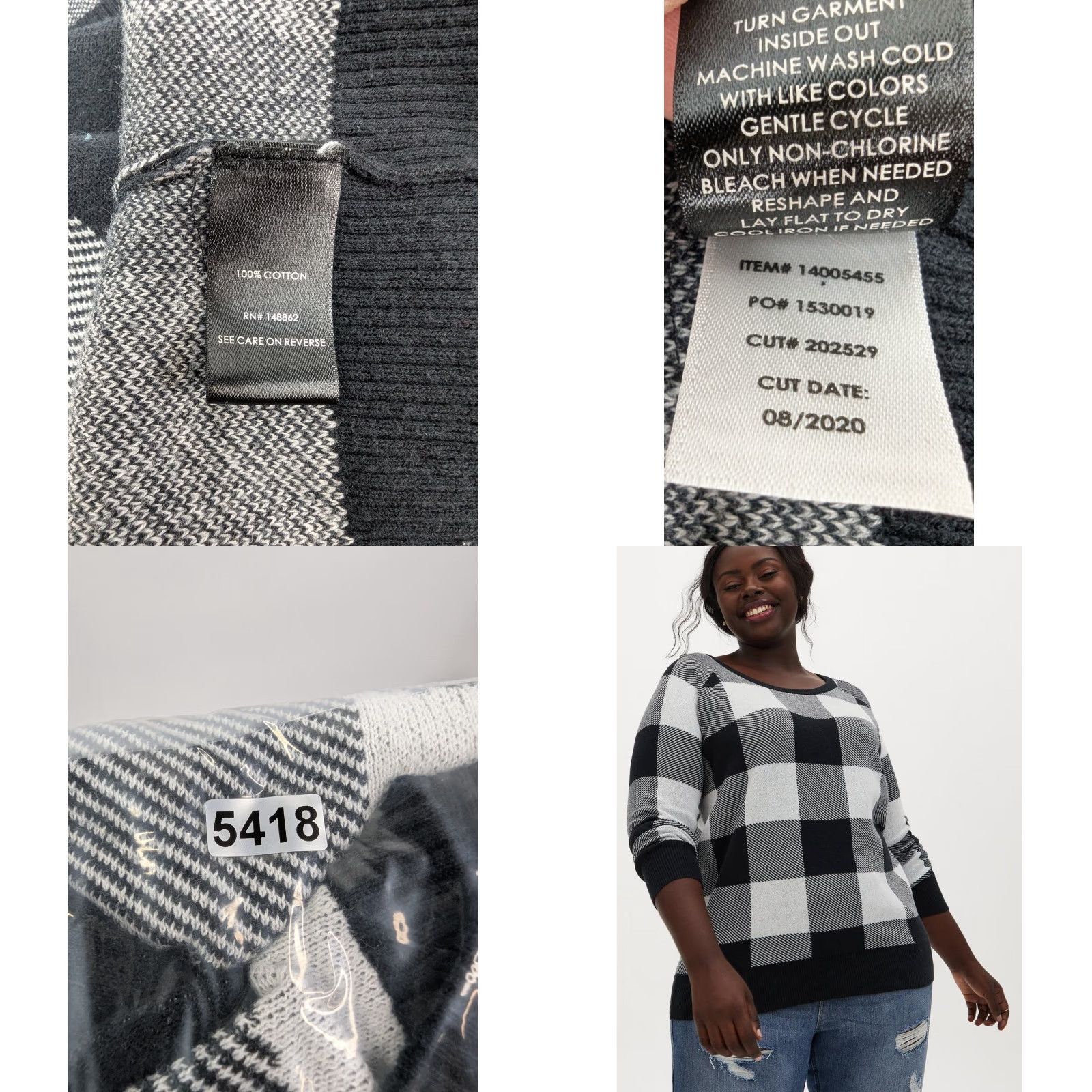 Torrid Torrid Womens Sweater Pullover Raglan Black/White Buffalo Plaid Size 4X Cotton Knit Size XXL / US 16-18 / IT 52-54 - 8 Thumbnail