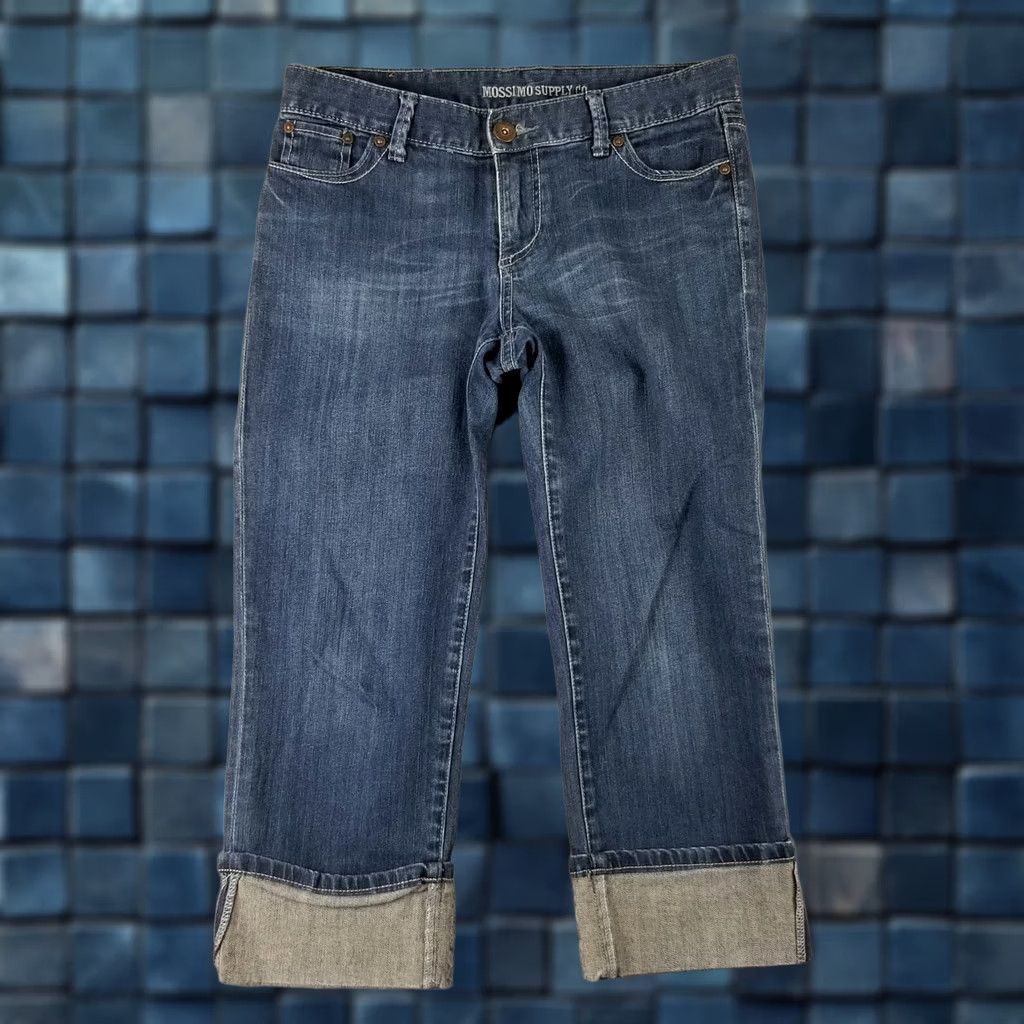 Mossimo Mossimo Supply Co Jeans Juniors 7 Crop Mid Rise Blue Denim Cuffed Whiskers 30X21 Womens Girls Knit Denim Zip Button - Size 28" / US 6 / IT 42 - 1 Thumbnail