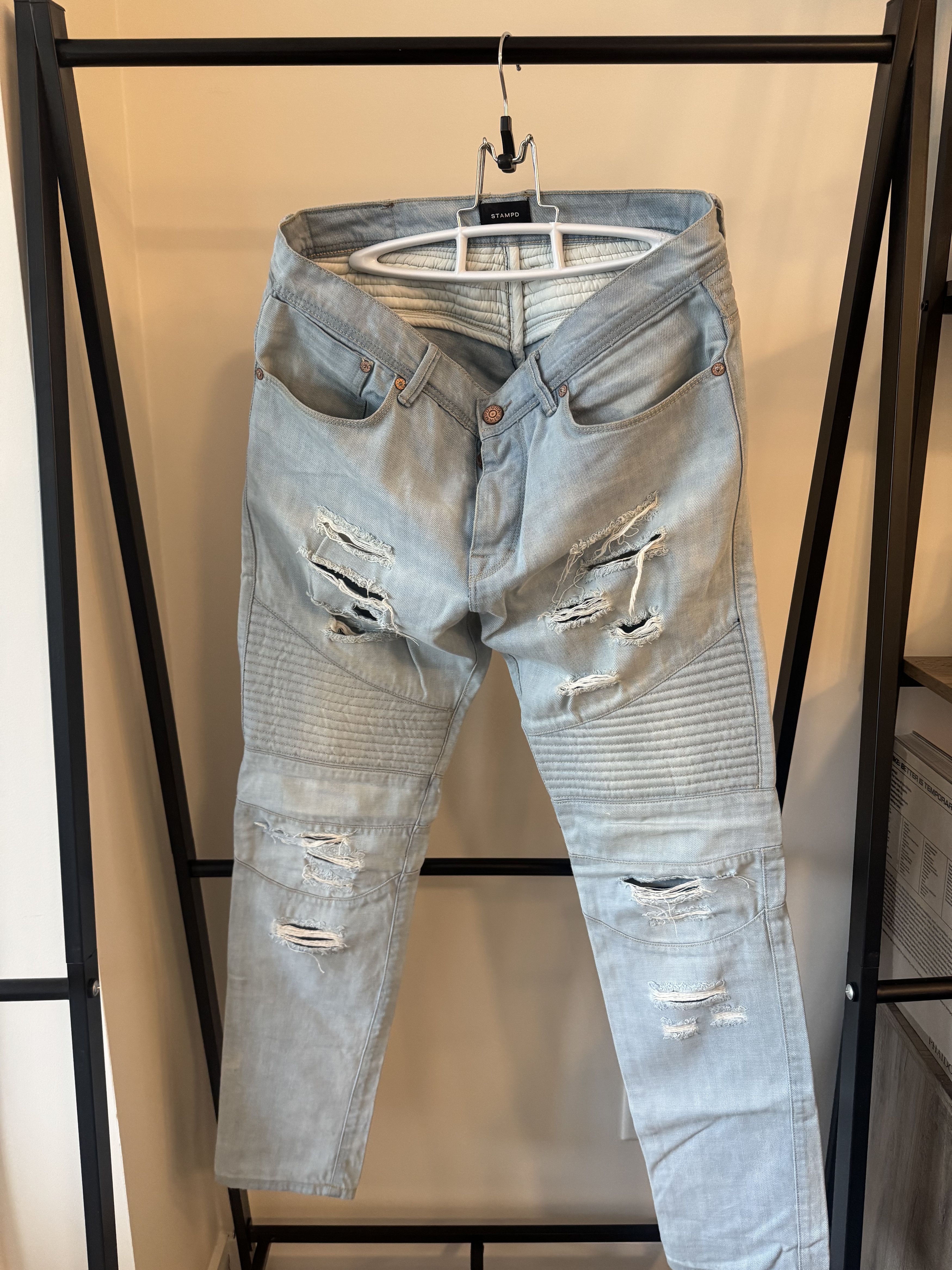 Stampd Stampd LA Moto Denim TRASHED ripped light blue wash 32 Size US 32 / EU 48 - 1 Thumbnail