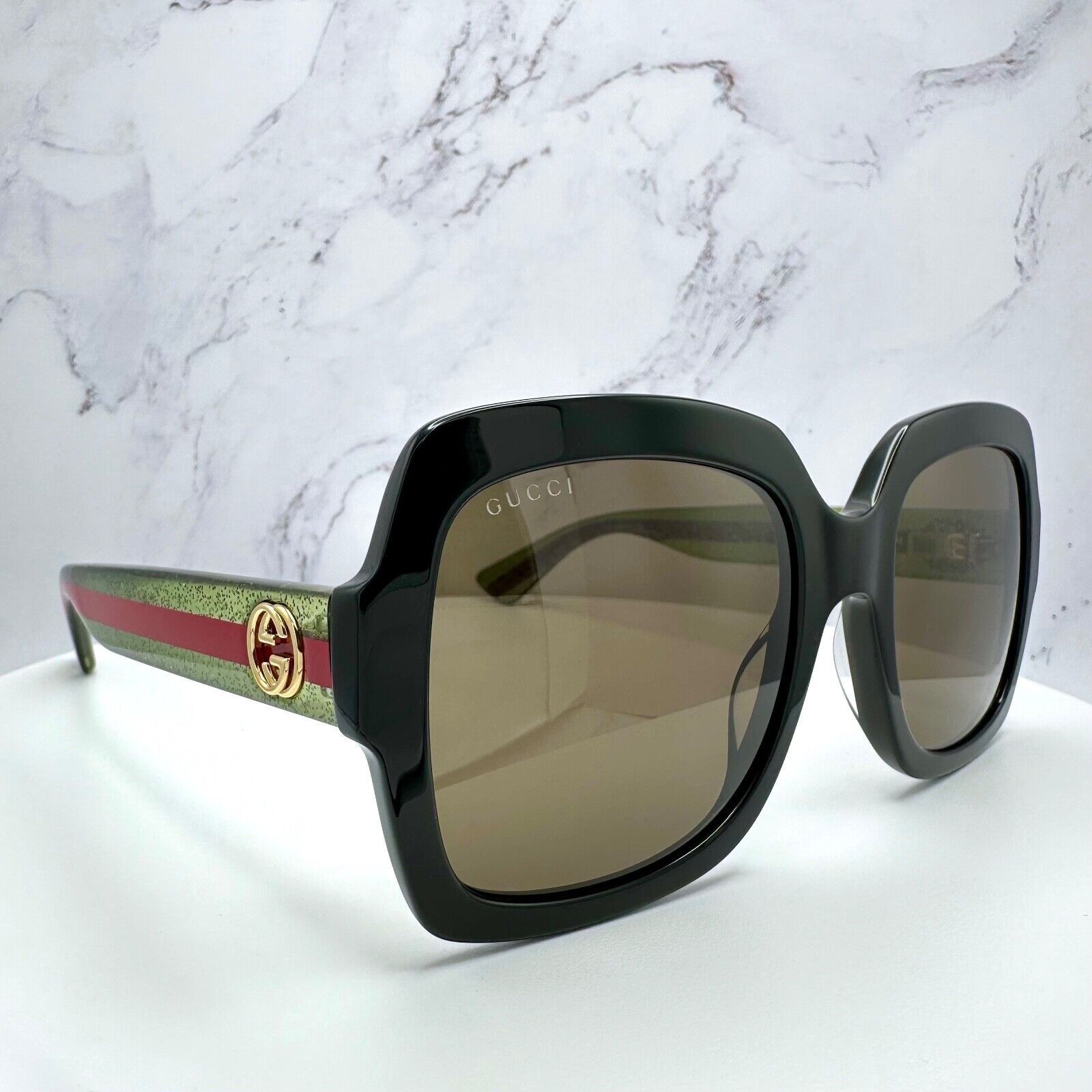 Gucci New Gucci Sunglasses Black Square Red Green Web Arms Gold Size ONE SIZE - 15 Thumbnail