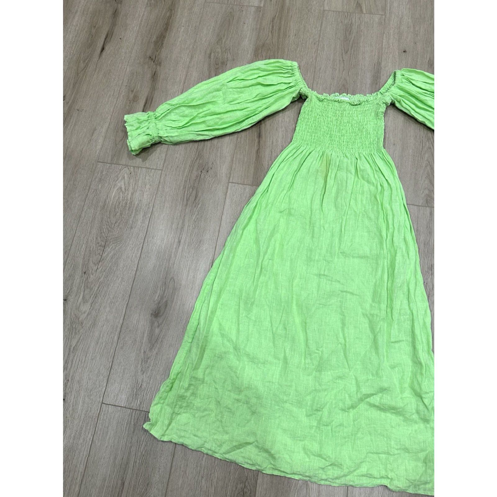 Sleeper Sleeper Dress Womens S Green Linen Smocked Midi Off the Shoulder Sleeper Size S / US 4 / IT 40 - 3 Thumbnail