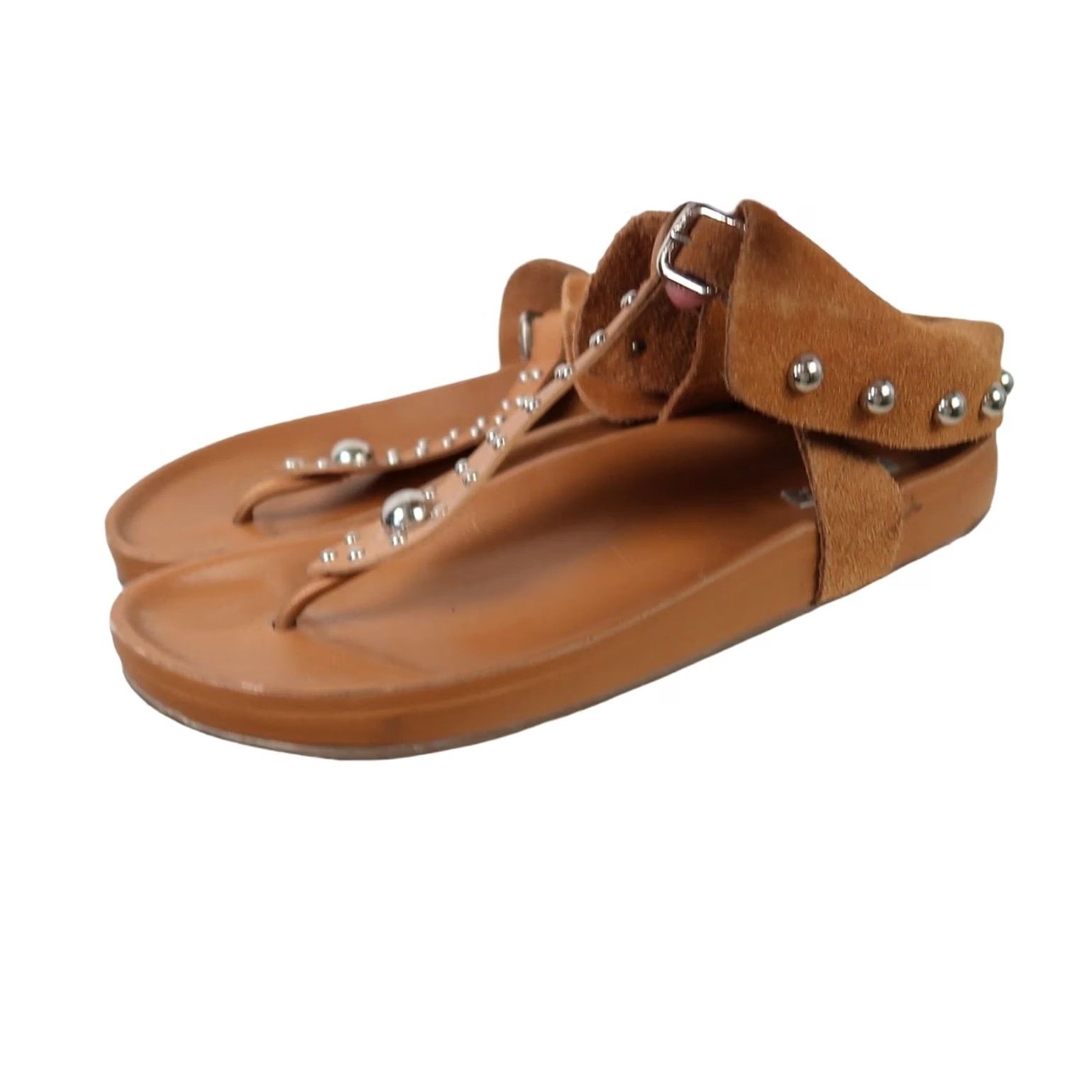 SCHUTZ Schutz Sandals Thong Sandals Suede Leather Silver Stud Buckle Closure EU 40 US 10 Womens Bohemian Spring Summer Tan Brown Size US 10 / IT 40 - 4 Thumbnail