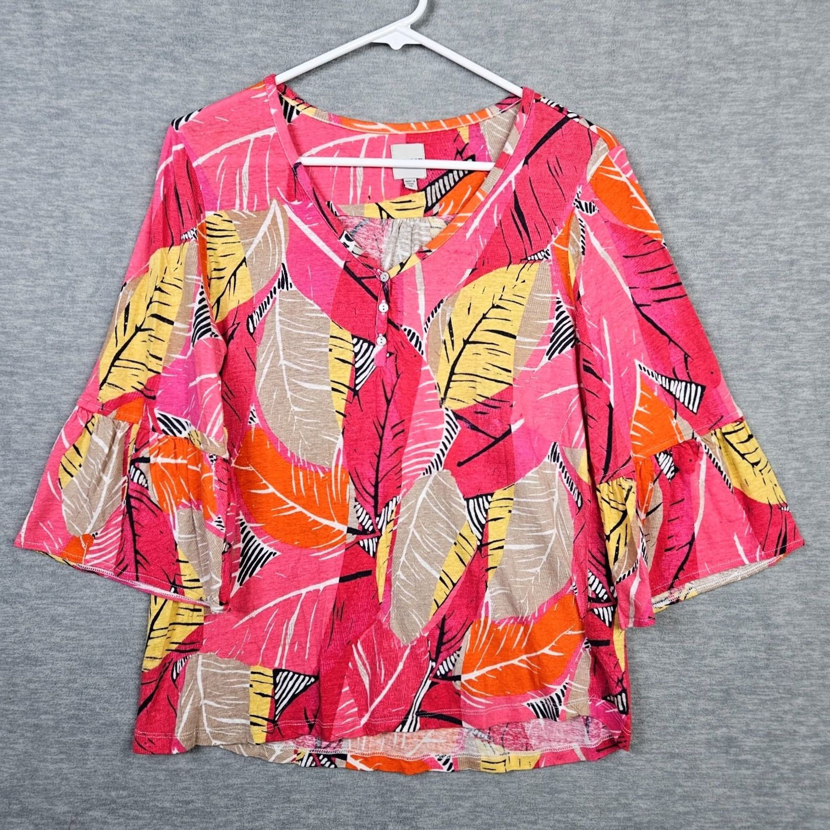 NIC+ZOE NIC+ ZOE Shirt Women's V-neck Bell Sleeve Leaves Printed Size M Multicolor Cardigan? Size M / US 6-8 / IT 42-44 - 2 Thumbnail