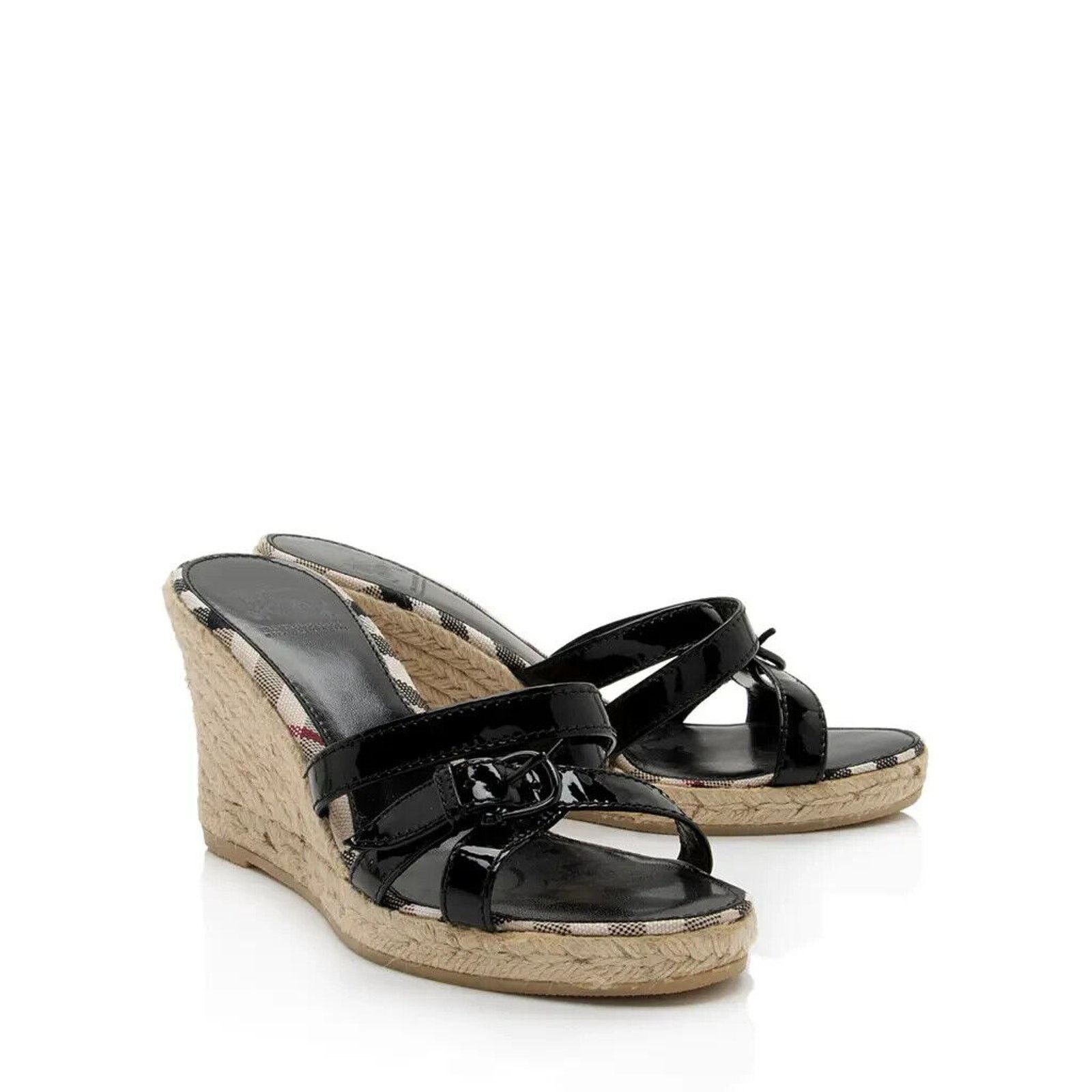 Burberry BURBERRY BLACK PATENT LEATHER CHECK ESPADRILLE SANDALS 40 Size US 10 / IT 40 - 10 Thumbnail