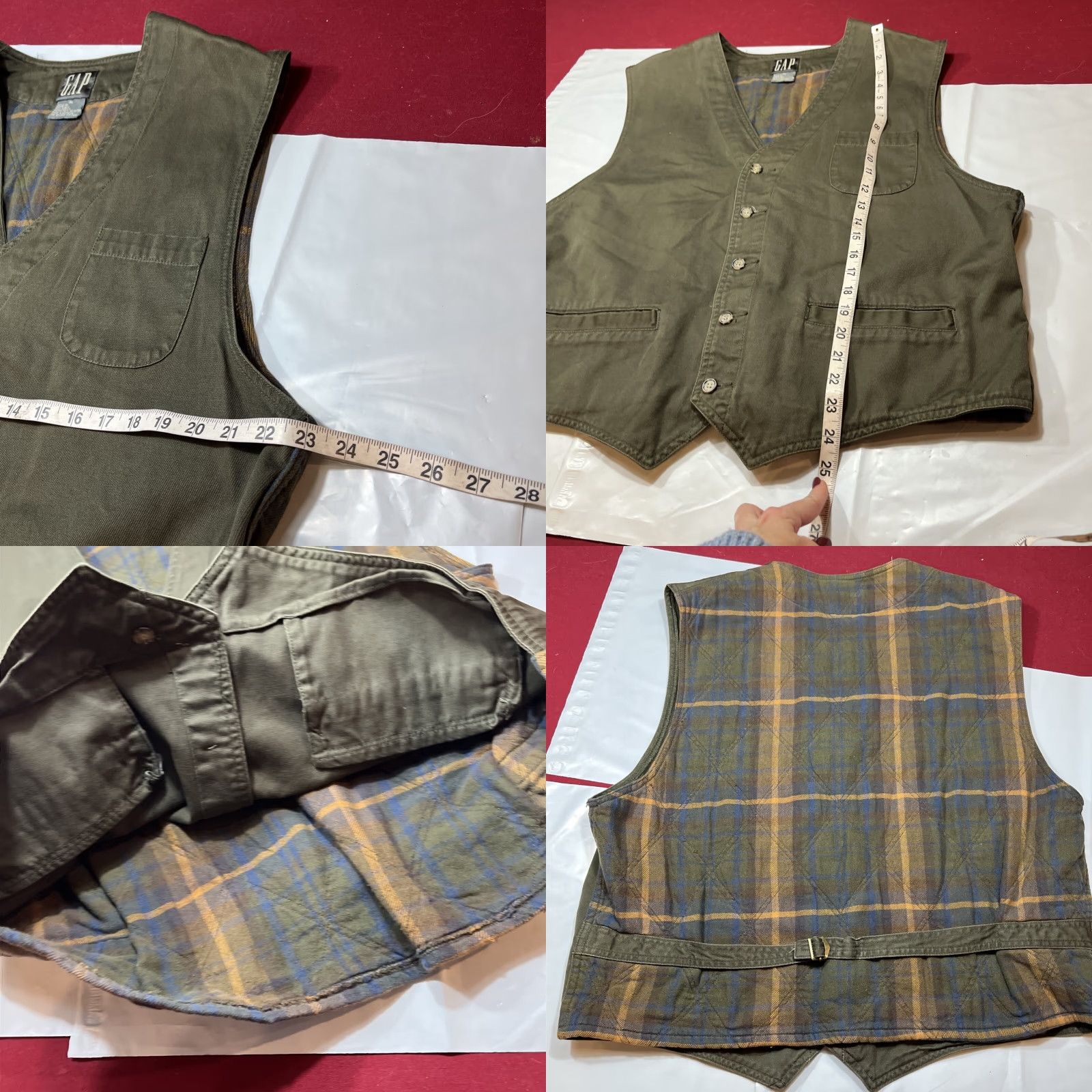 Gap VINTAGE Gap Vest 90s Plaid Flannel Lined Army Green Canvas Men XL Cotton Back Strap Lined Waistcoat Size US XL / EU 56 / 4 - 8 Thumbnail
