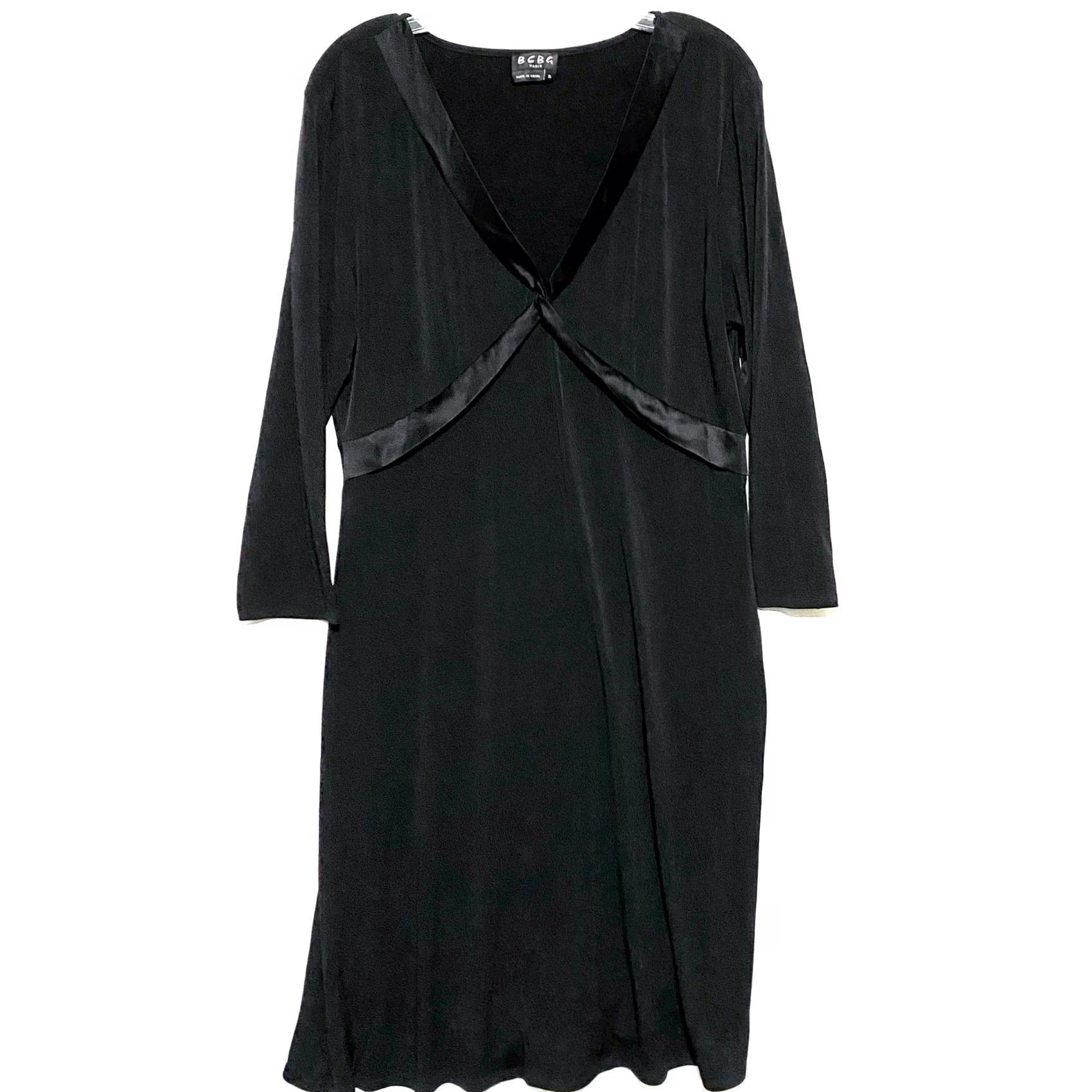 Vintage BCBG Paris Satin Trim V Neck Black Matte Jersey Midi Dress XL Women LBD Party Cocktail Formal Size XL / US 12-14 / IT 48-50 - 2 Thumbnail