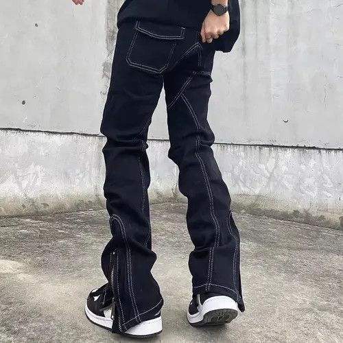 image of High Street Topstitched Slim Fit Slit Zip Micro Flare Jeans in Black, Men's (Size 32)