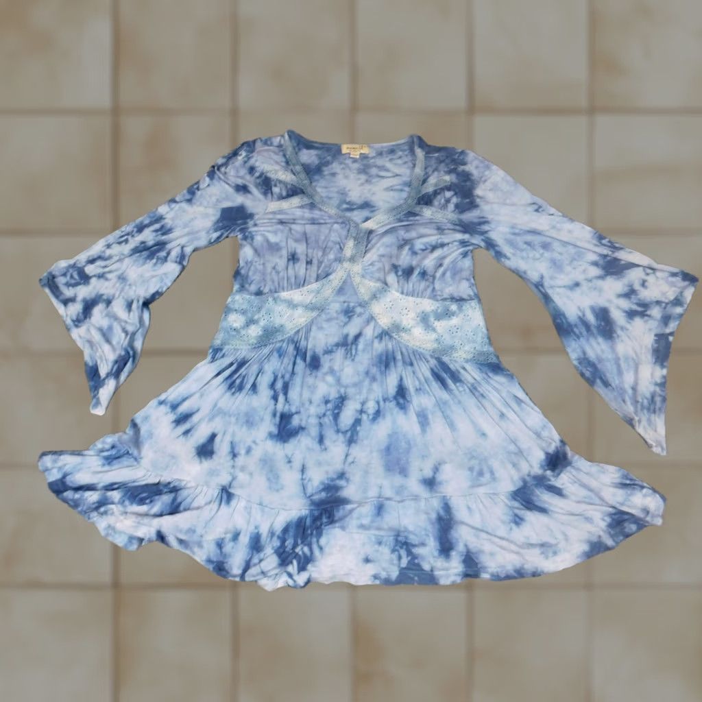 Vintage One World Blouse Tunic Womens S Blue Crew Neck 3/4 Sleeve Knit Cotton Pullover Geometric Button Size S / US 4 / IT 40 - 1 Thumbnail