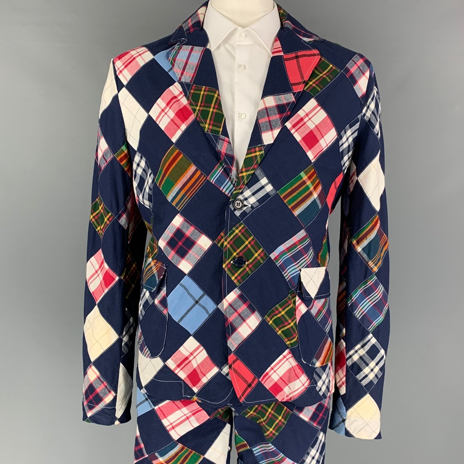 Band Of Outsiders Size 42 Navy Muliti-Color Patchwork Cotton Notch Lapel Suit Size 42R - 1 Thumbnail