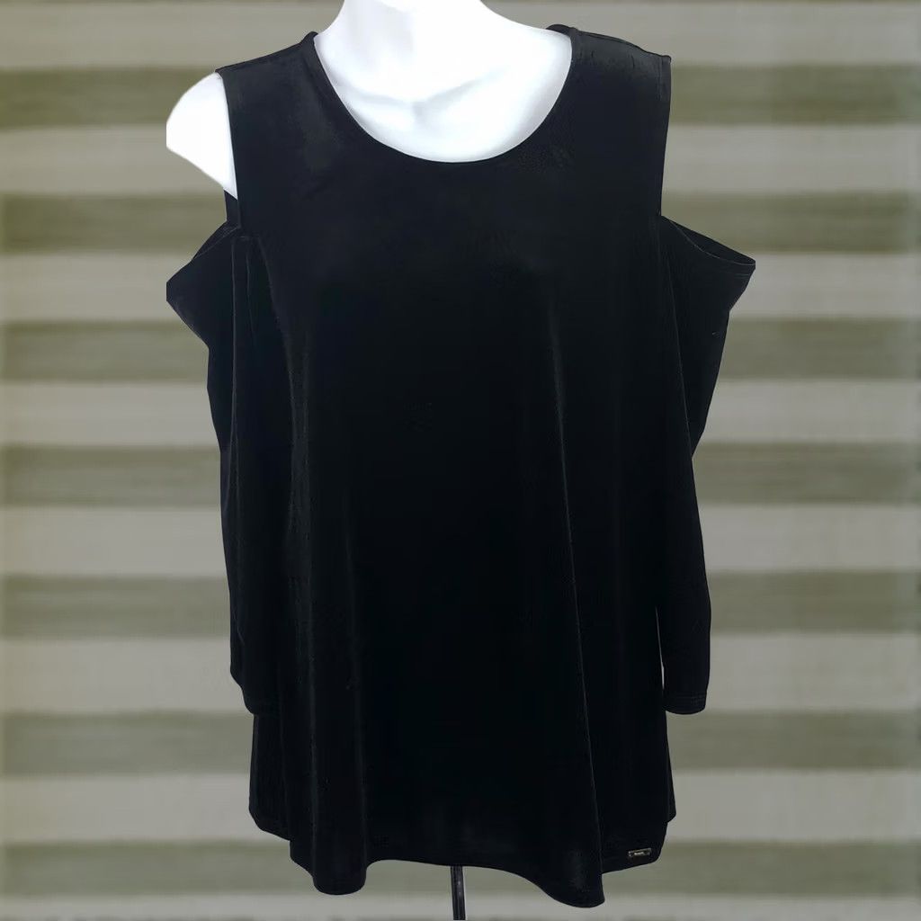 Vintage Tahari Velour Scoop Neck Cold Shoulder Top L Black Womens Blouse 90s Y2K Fairy Grunge Vintage No Size L / US 10 / IT 46 - 1 Thumbnail