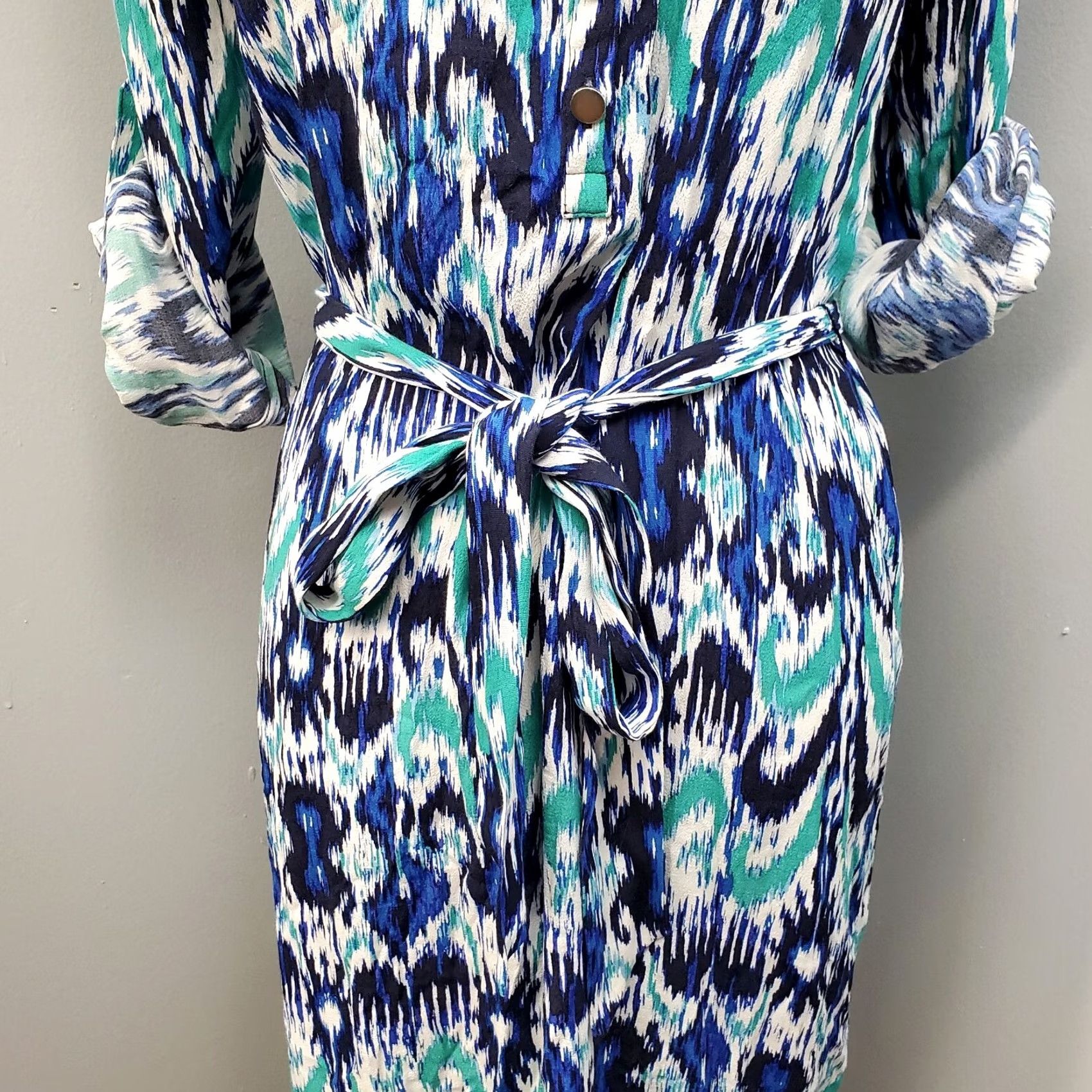 Banana Republic Banana Republic Dress Women's 4 V Neck Button Tie Midi Sheath Roll Tab Sleeve Multicolor Geometric 100% Rayon Spring Summer Womens Size 4 Size S / US 4 / IT 40 - 4 Thumbnail
