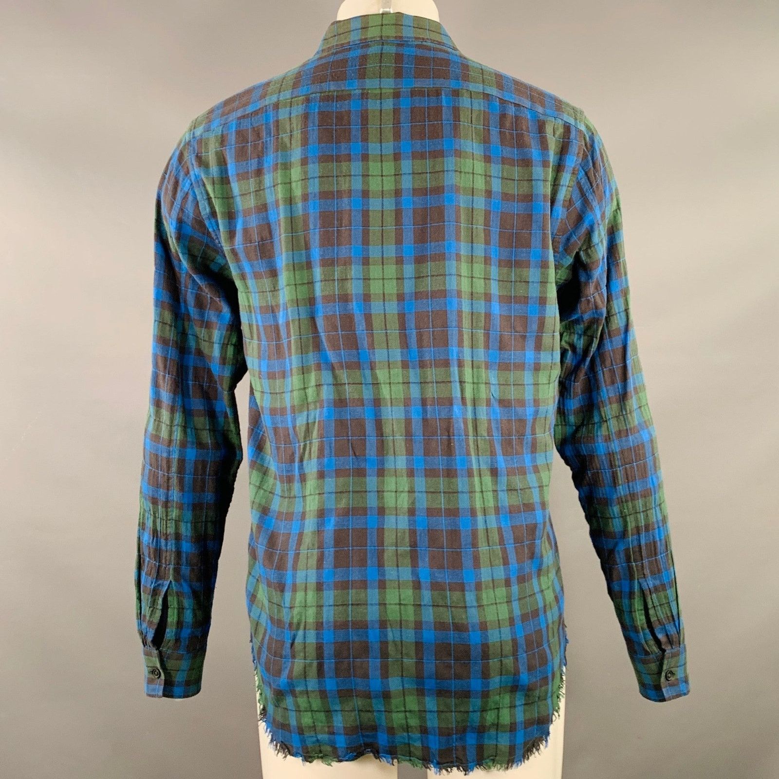 Vince Green Blue Plaid Cotton Blend Raw Edge Long Sleeve Shirt Size US S / EU 44-46 / 1 - 3 Thumbnail