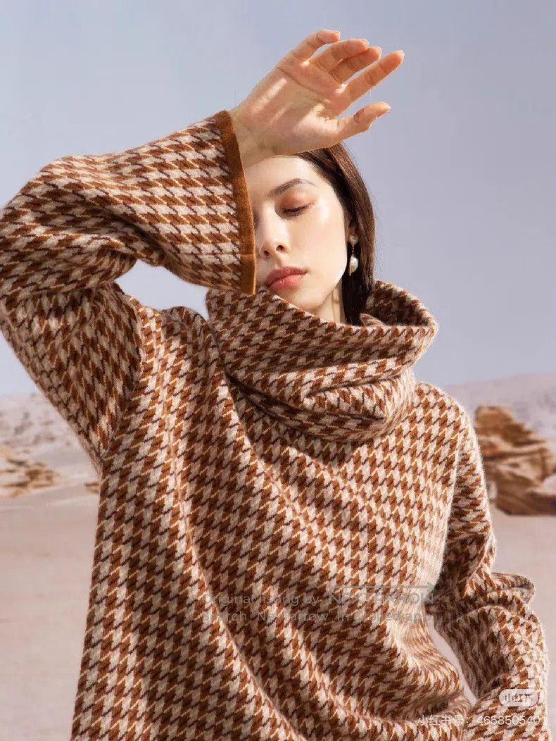 Hermes Hermes Brown Houndstooth Pure Cashmere Turtleneck Sweater Size XS / US 0-2 / IT 36-38 - 9 Thumbnail