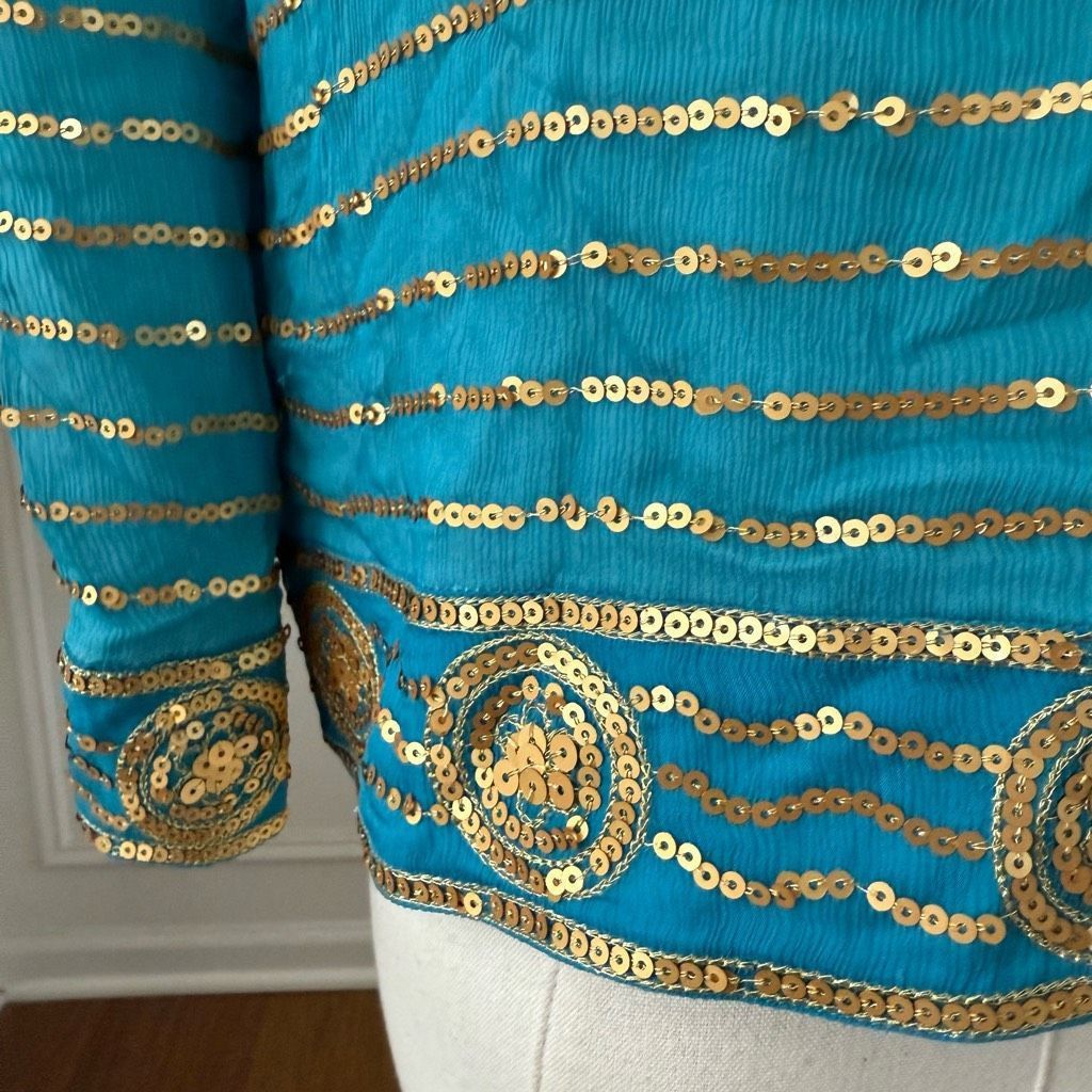 Trina Turk Trina Turk Turquoise Blue 100% Silk Gold Sequin Bolero Jacket 0 XS S Size XS / US 0-2 / IT 36-38 - 7 Thumbnail