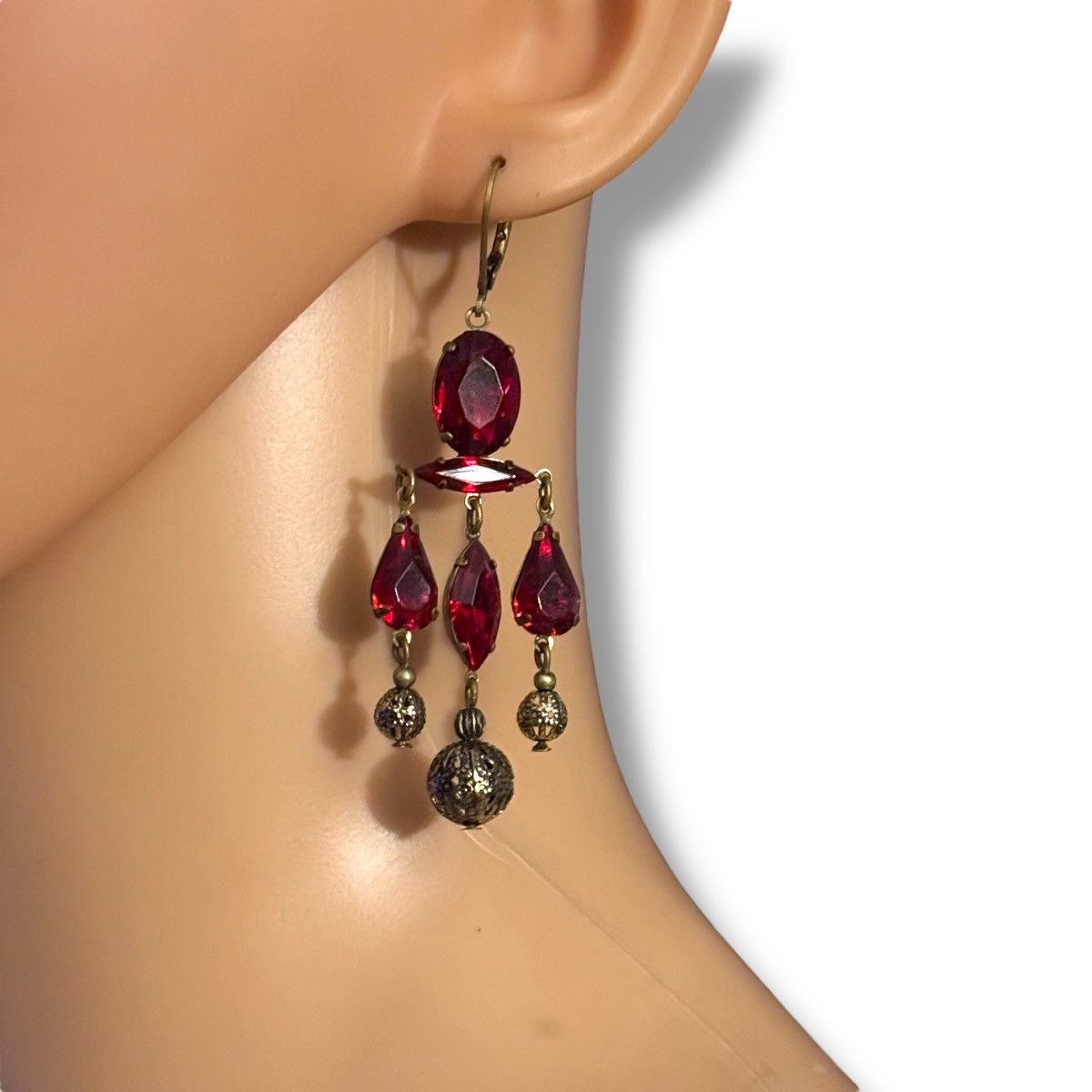 Other Bronze tone red gemstone Victorian chandelier earrings Size ONE SIZE - 2 Thumbnail