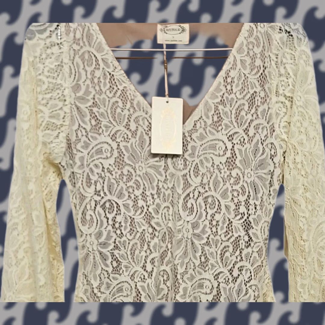 Bell Joyfolie Ivory Lace Dress S Women Bell Sleeve Round Neck Short Dress Bohemian NWT Size S / US 4 / IT 40 - 1 Thumbnail