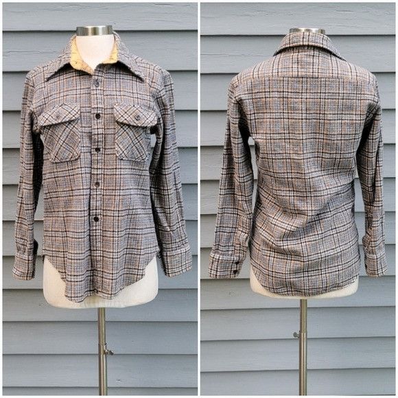 JCPenney Vintage 60s J. C. Penny Wool Board Shirt Tan Navy Blue Cream Size US M / EU 48-50 / 2 - 5 Thumbnail